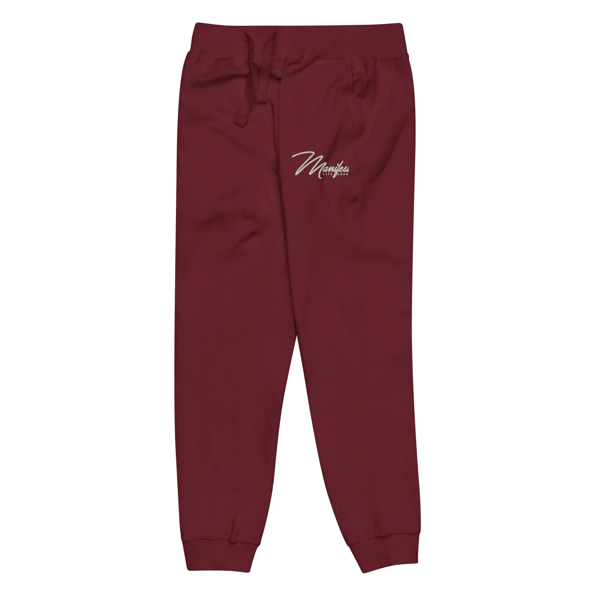 unisex-fleece-sweatpants-maroon-front-left-6719b4fcbf772.jpg