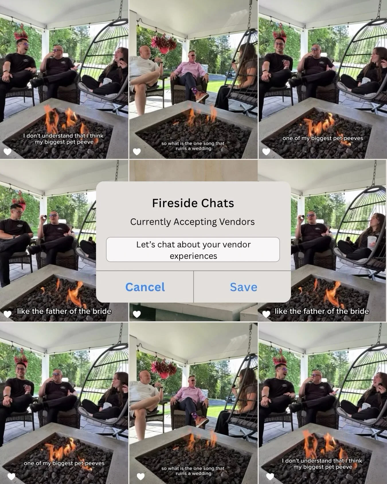 Fireside Chats are growing 🔥

We&rsquo;re opening up the conversation to more of the wedding industry! If you&rsquo;re a wedding vendor and want to join us around the fire to talk experiences, opinions, and everything that comes with wedding days, w
