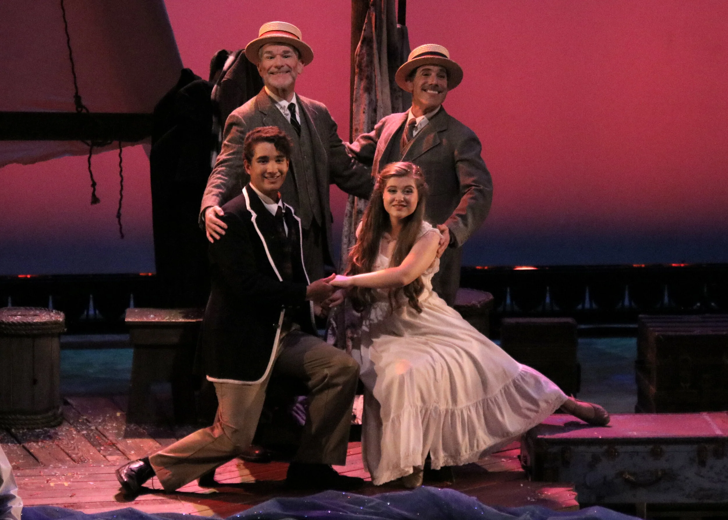 Mark Purcell as Hucklebee, Peter Hoffman as Bellomy, MacKenna Wilson as Luisa, and Kevin Matsumoto as Matt in "The Fantasticks" at MPC Theatre Company. 