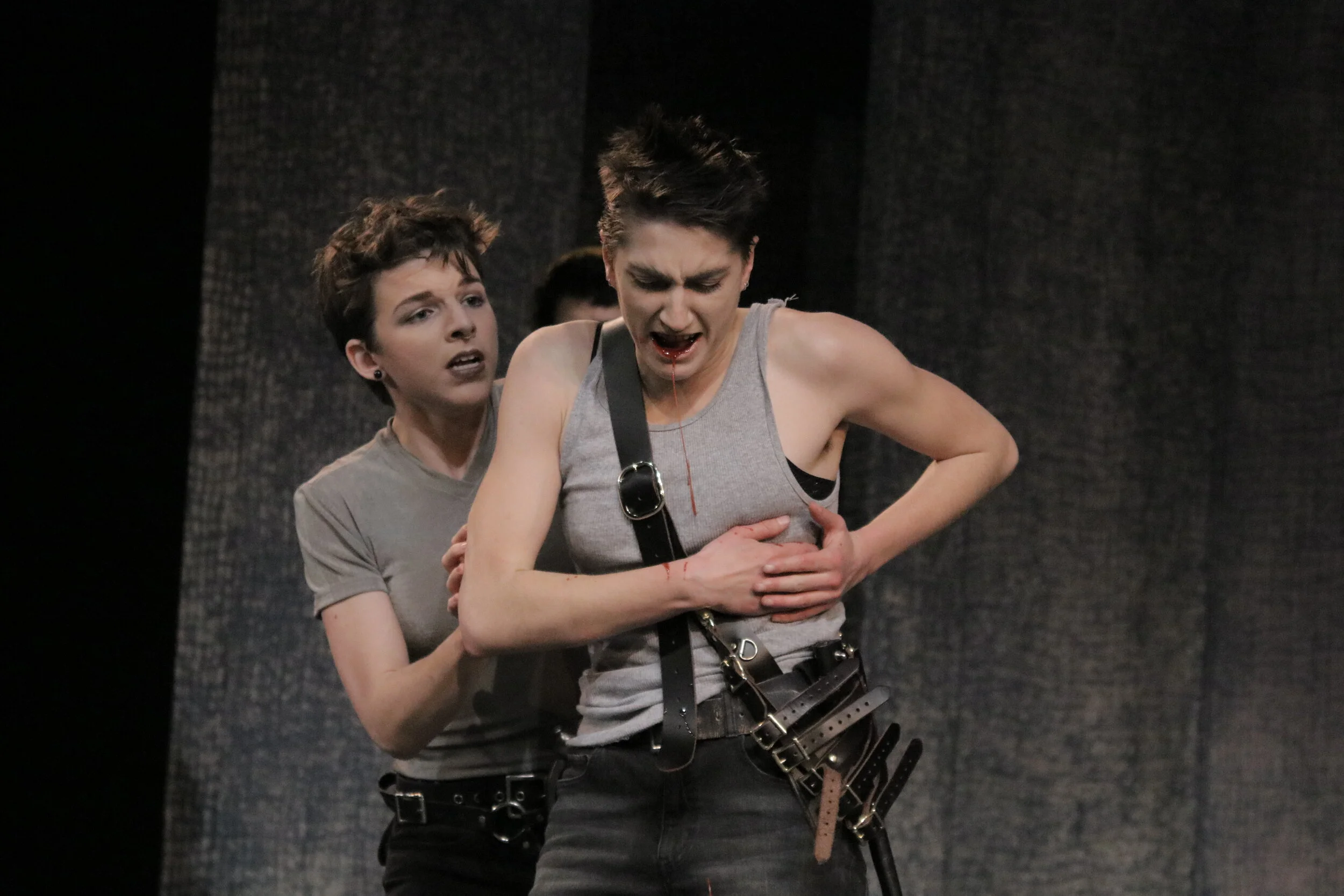 Sarah Horn as Benvolio and River Navaille as Mercutio in "Romeo and Juliet" at MPC Theatre Company. 
