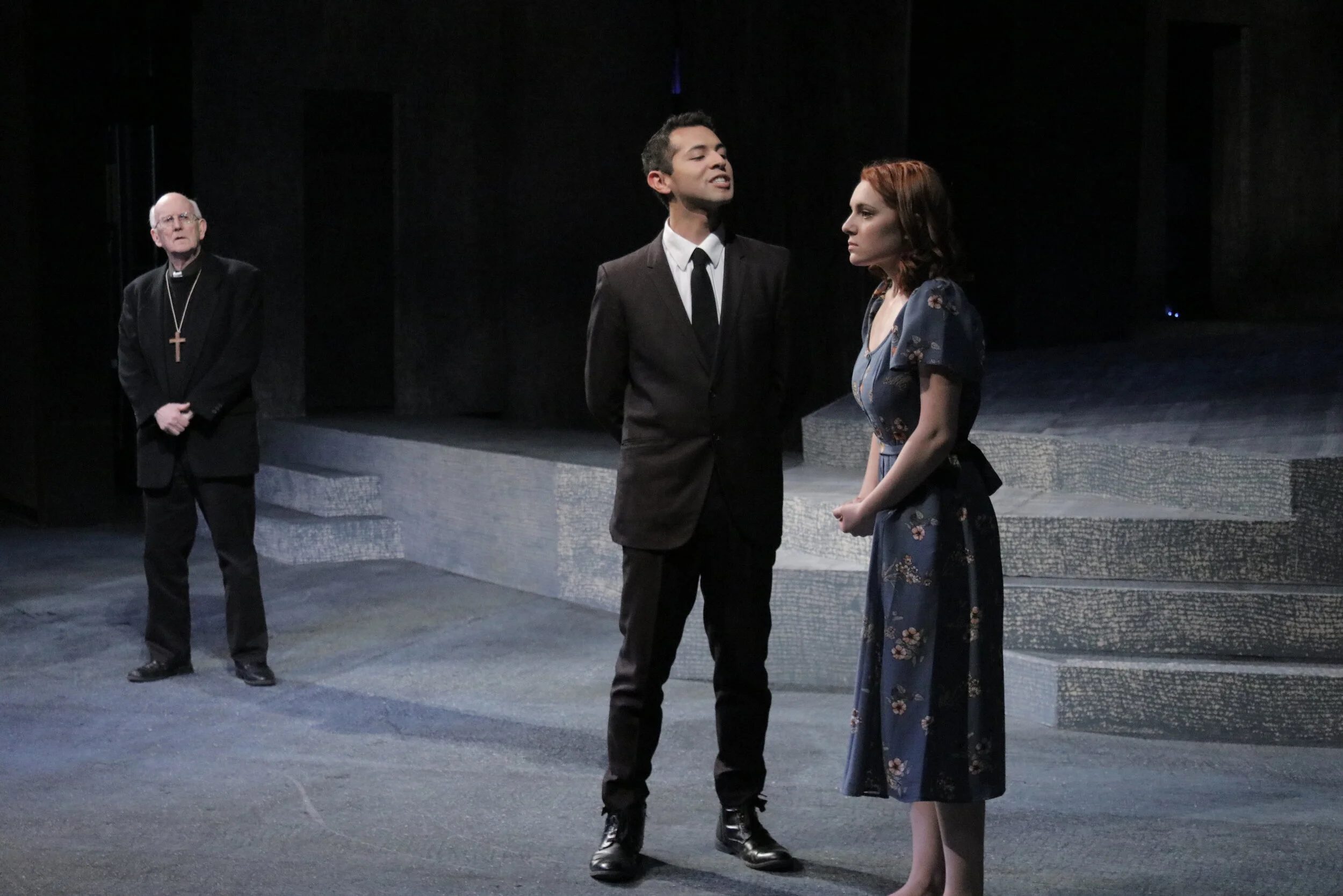 Howard Burnham as Friar Lawrence, Roland Shorter as Paris, and Kiana Sorenson as Juliet in "Romeo and Juliet" at MPC Theatre Company. 