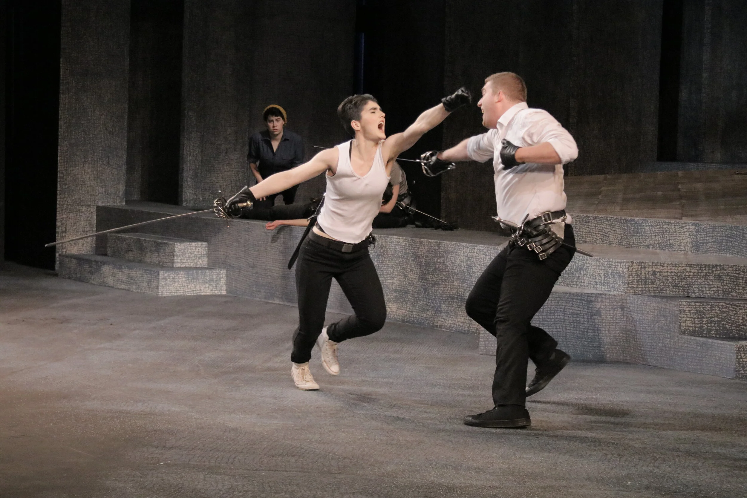 Anjoli Johnson as Romeo and Matthew Reich as Tybalt in "Romeo and Juliet" at MPC Theatre Company. 