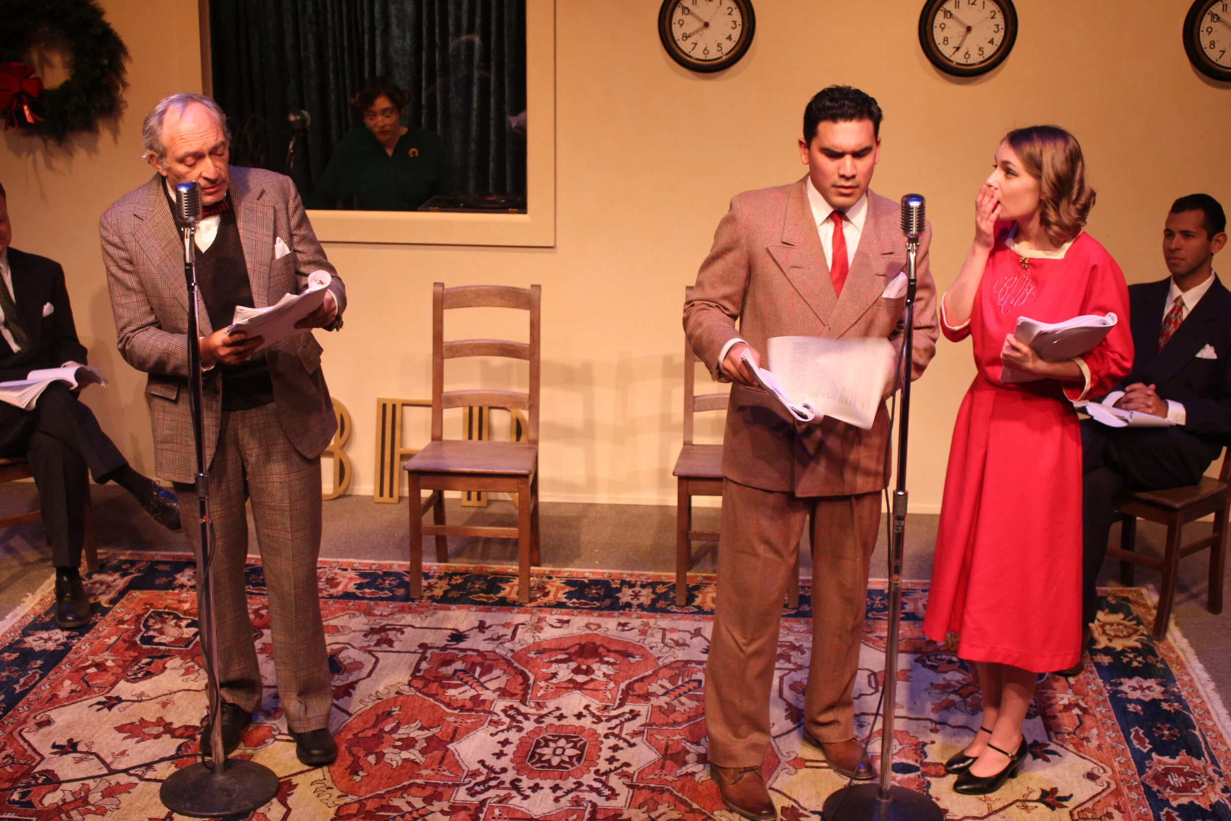 Ron Genauer, Andres Mercado, and Kiana Sorenson in "It's a Wonderful Life: A Live Radio Play" at MPC Theatre Company.