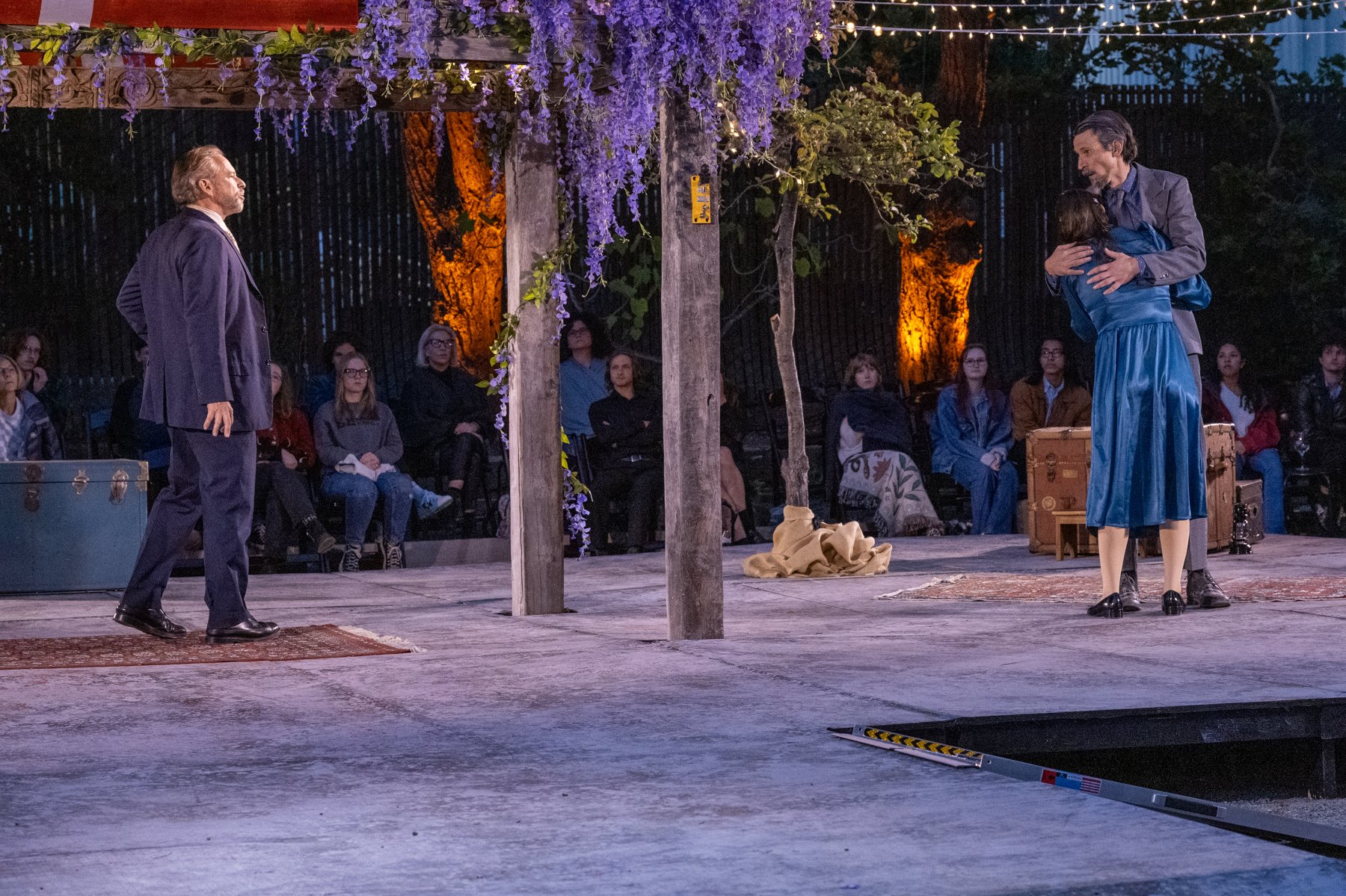 Michael Storm as Claudius, Celeste Lagrange as Ophelia, Chris McElwain as Polonius 