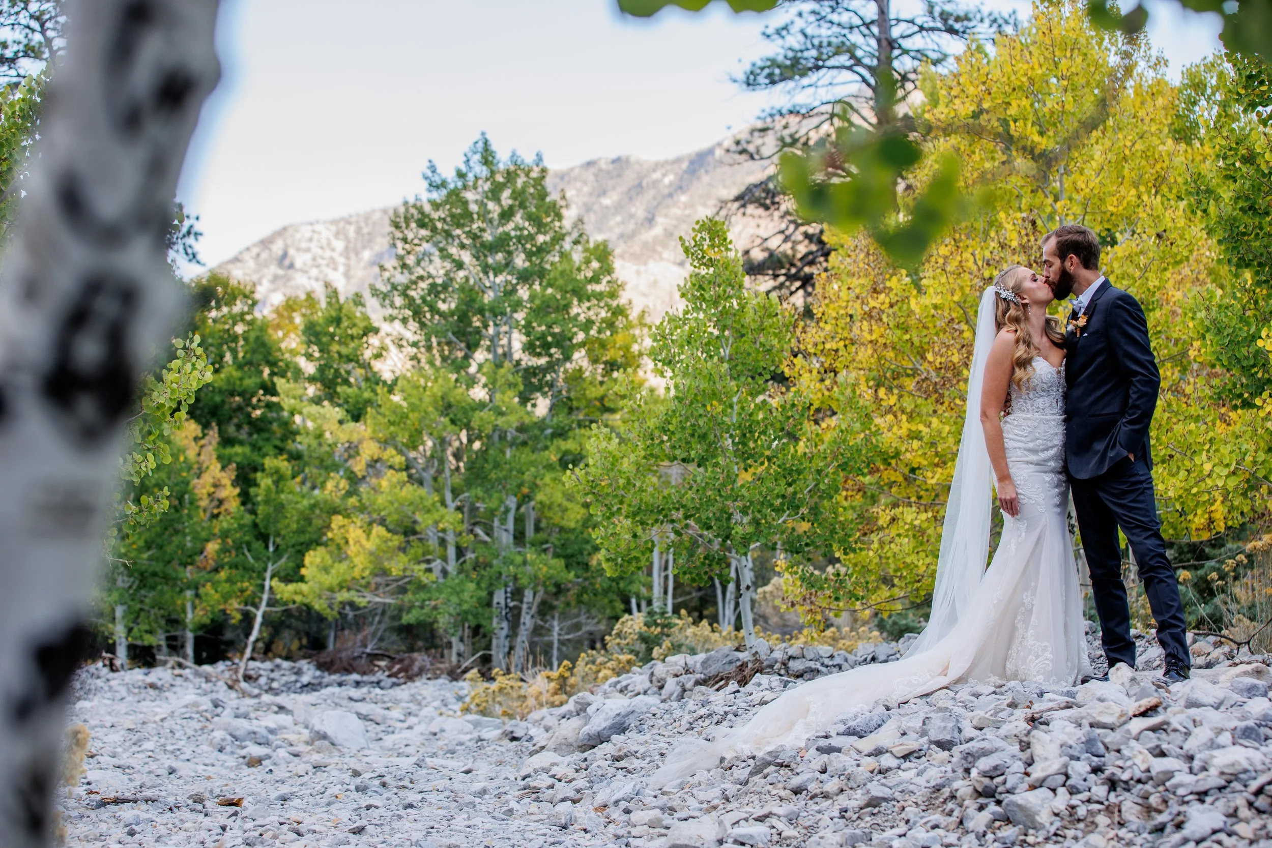 The groom Brian and Brandi the bride kiss with Mt. Charleston in the background