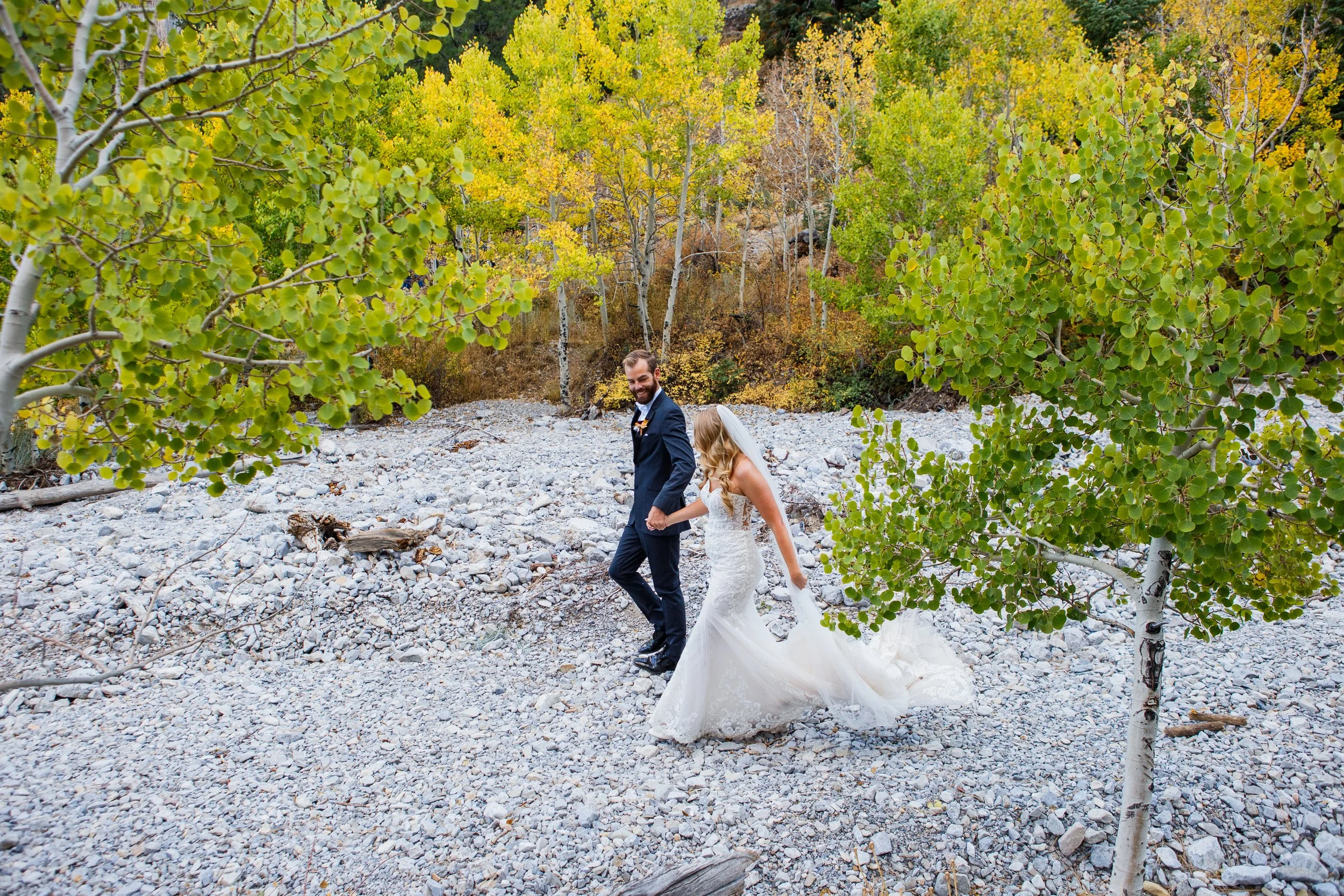 Bride and Groom walk side by side holding hands in park with birch trees with golden leaves.