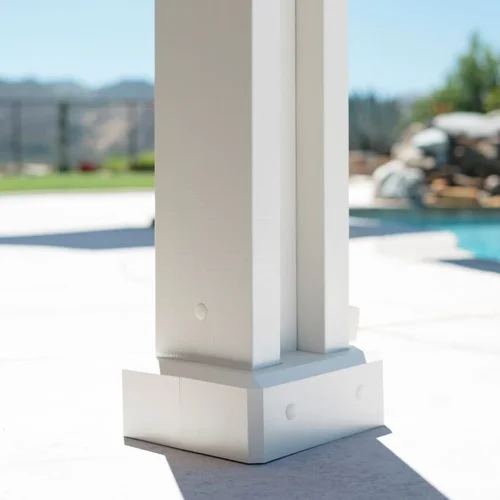 Post base of a patio cover with Alumabase cover installed