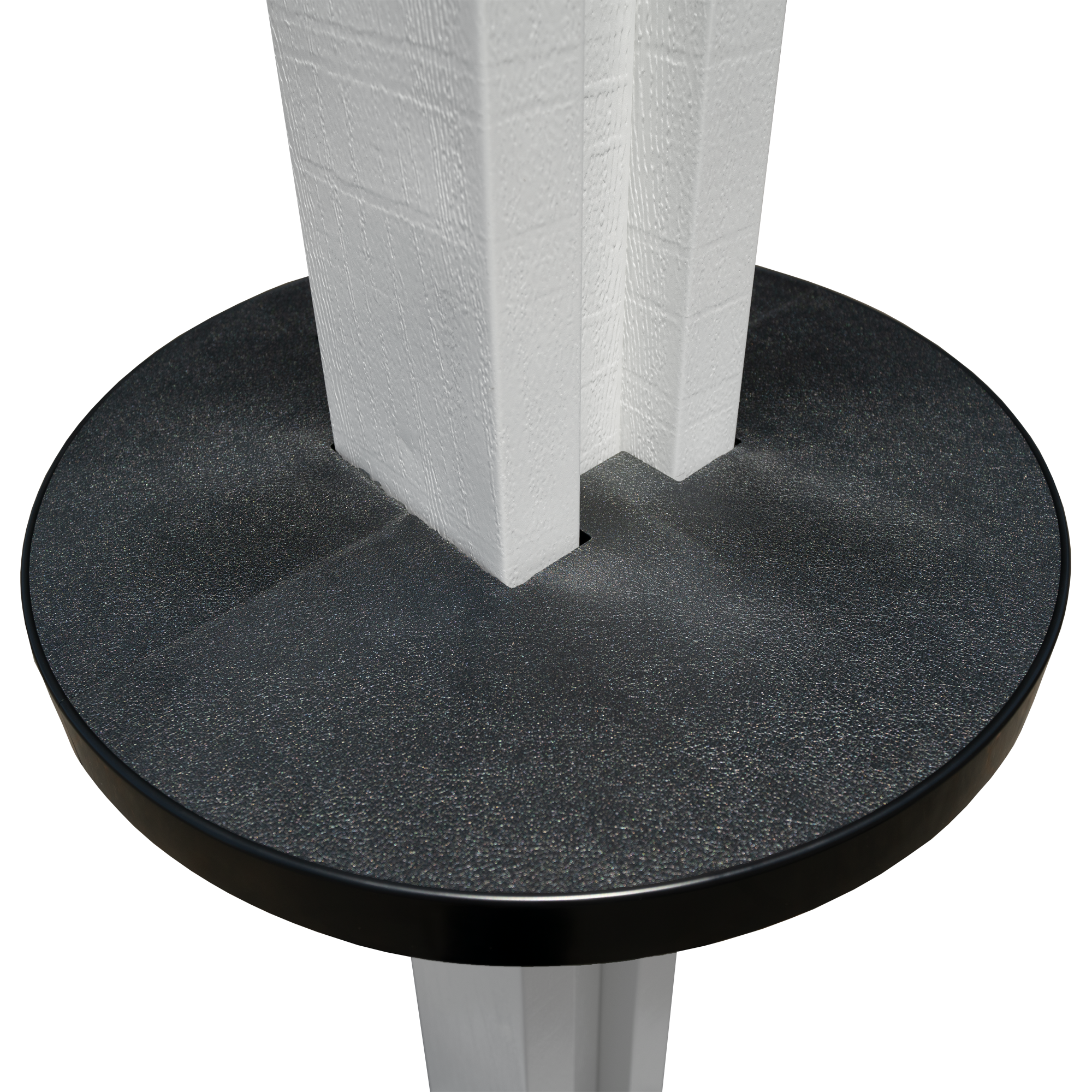 Black Alumatable post table installed on a white patio cover post
