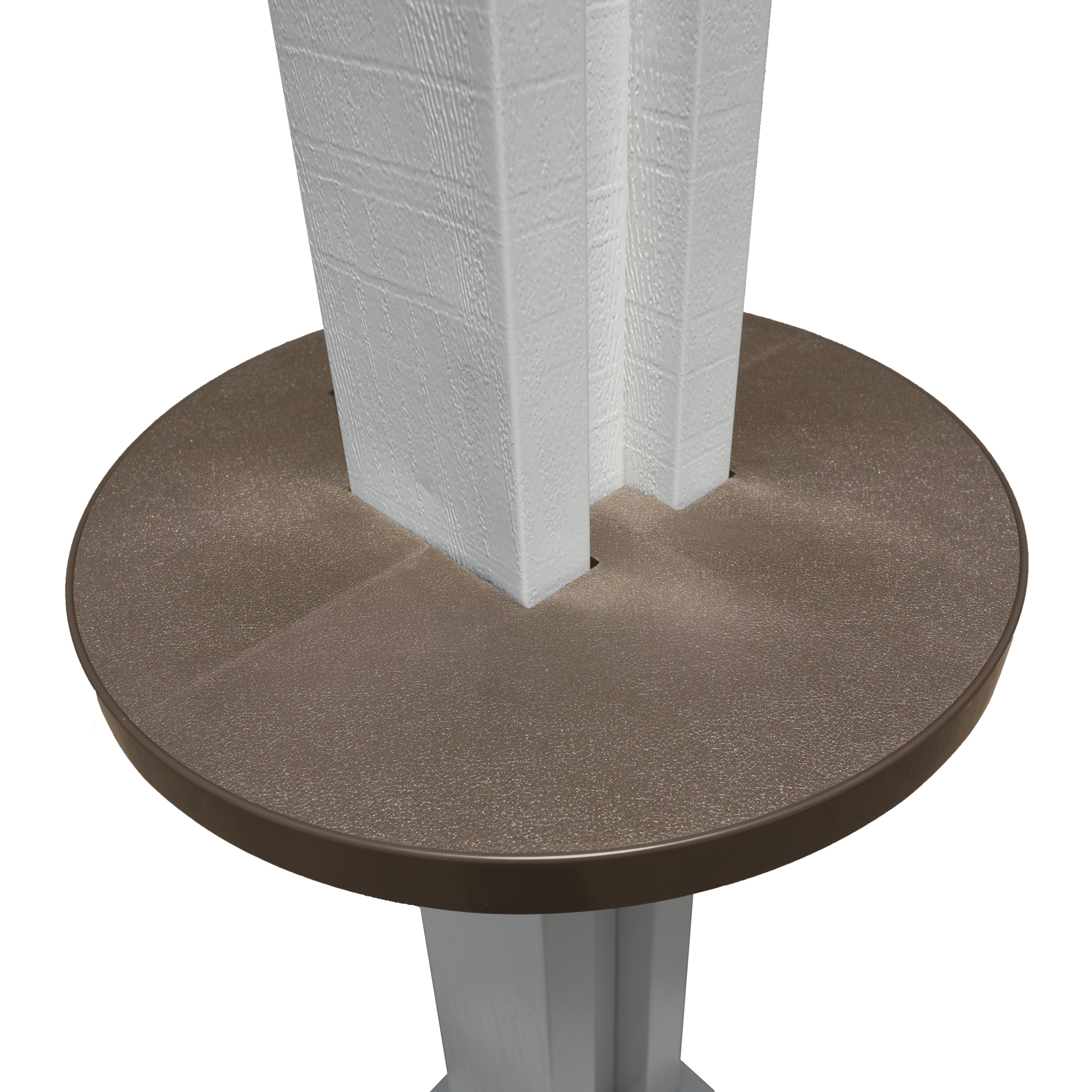 Brown Alumatable post table installed on a white patio cover post