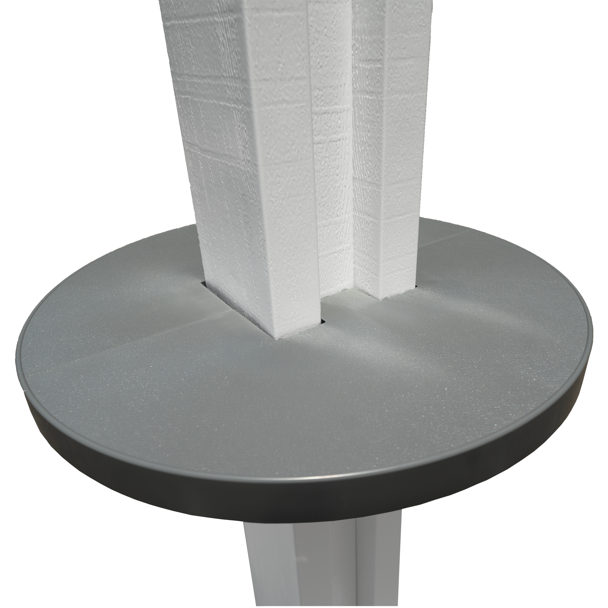 Grey Alumatable post table installed on a white patio cover post