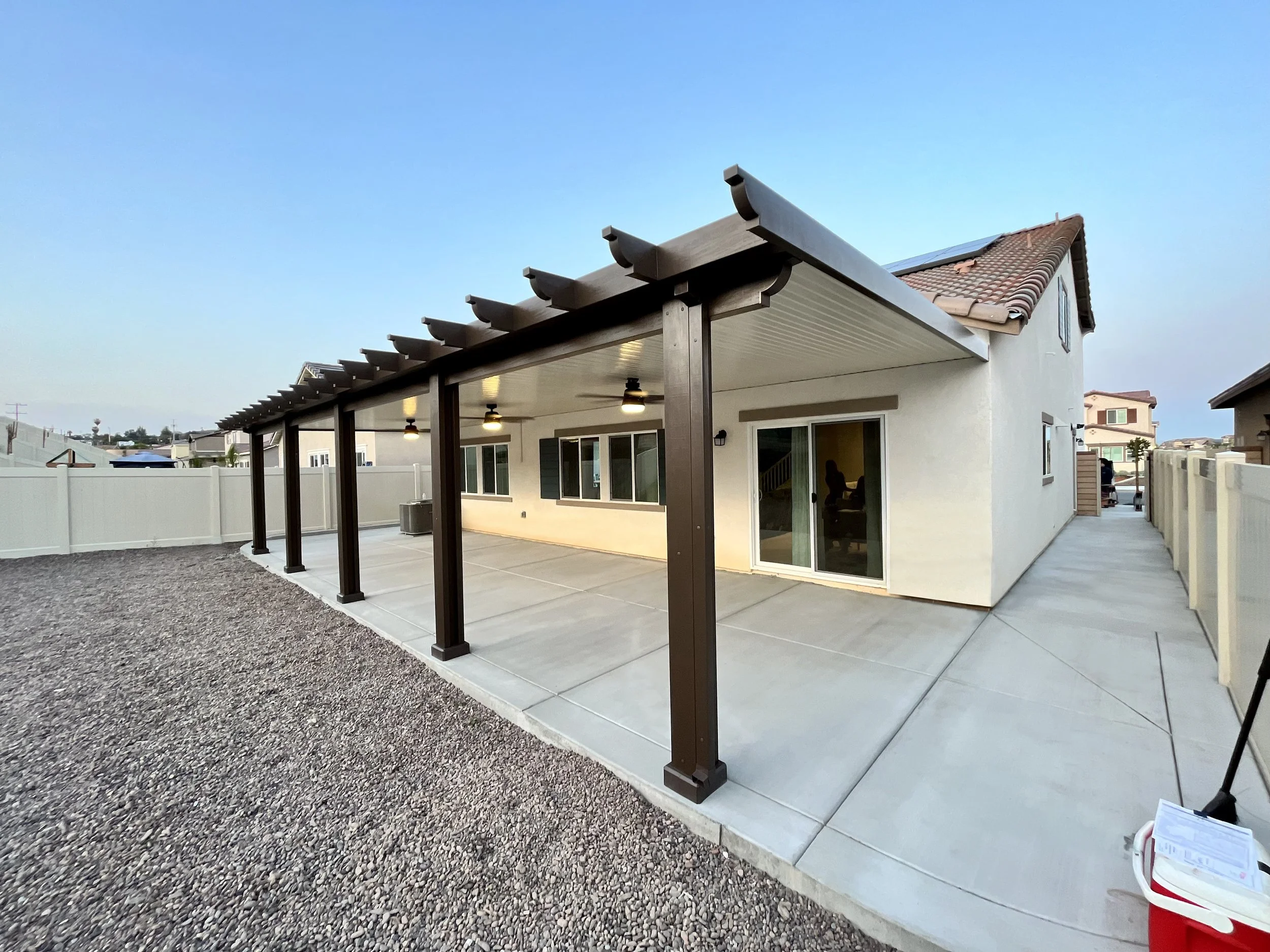 Alumawood patio cover with AlumaBase covers installed to cover up loose screws