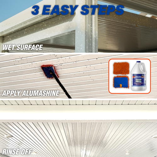 3 easy steps of using AlumaShine patio cover cleaner. Wet the surface, apply AlumaShine, and rinse off