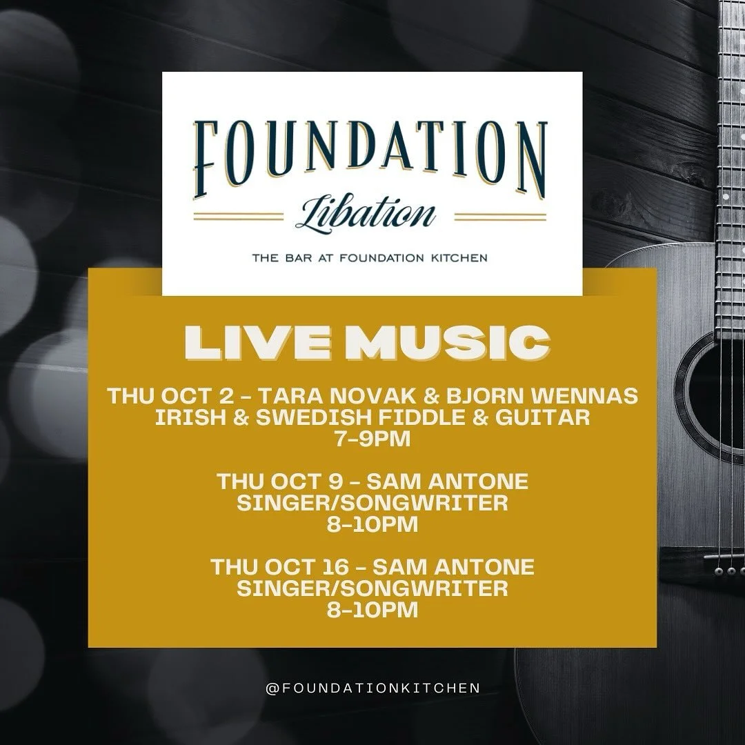LIVE MUSIC ALERT! We&rsquo;ve got #livemusic coming up at Foundation Kitchen! Mark your calendars for these next 3 Thursdays, and see you there!
&bull; Thu Oct 2, 7-9pm: @taranovakmusic &amp; @bjornwennas.music - Swedish &amp; Irish fiddle &amp; guit