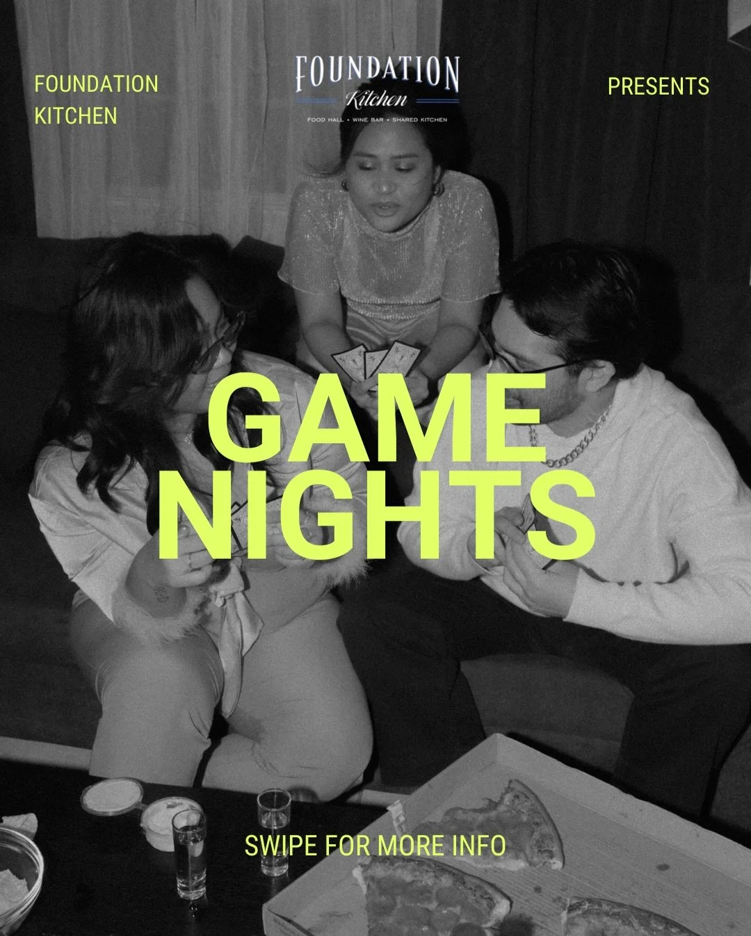 Ready for a little mid-December fun? ☃️🃏
 Game Nights at Foundation Kitchen are happening 12/16 at 6:30 PM and 12/23 (with a visit from a very special guest 🎅🏼) from 4&ndash;6 PM! Bring a friend, grab a drink, and let the games begin. We&rsquo;re 