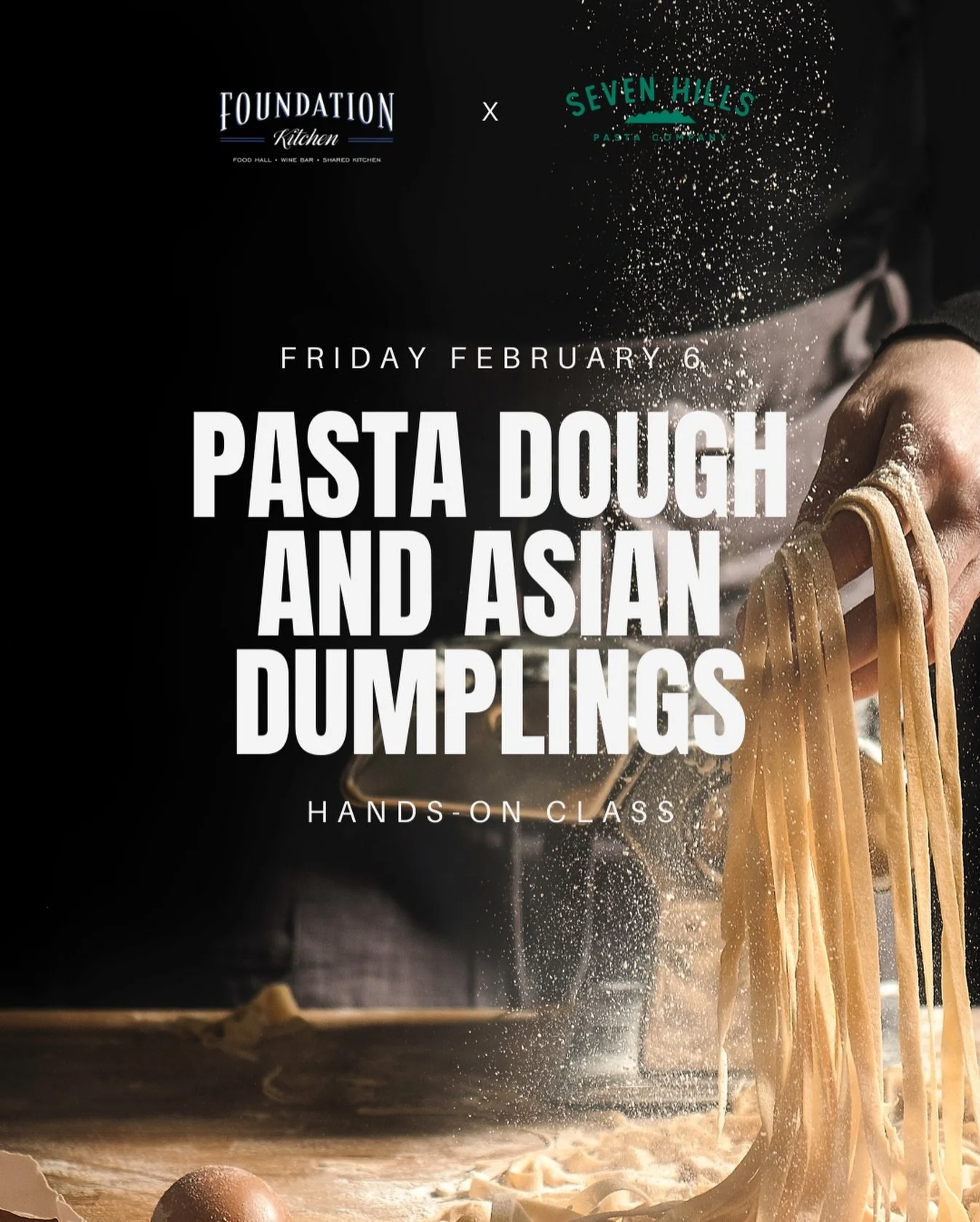 Where East meets West 🥟🍝

Fresh pasta dough meets Asian dumplings in this hands-on class with Seven Hills Pasta Co. Learn the techniques, eat dumplings for dinner, and take some home with you!

Perfect for a fun date night or something different wi