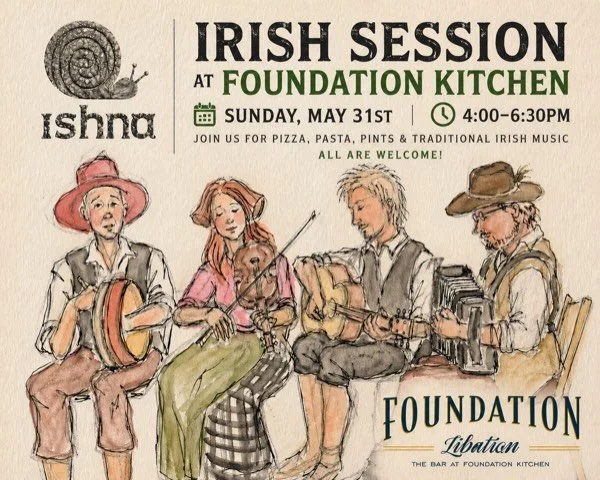 Hey everyone! @ishnamusic will be back for another #irishsession THIS SUNDAY - 4-6:30pm
Bring your instruments, bring your dancing shoes, come hang out at @foundationkitchen and enjoy some food, libations, and tunes! 
No cover, just great #craic ☘️🕺