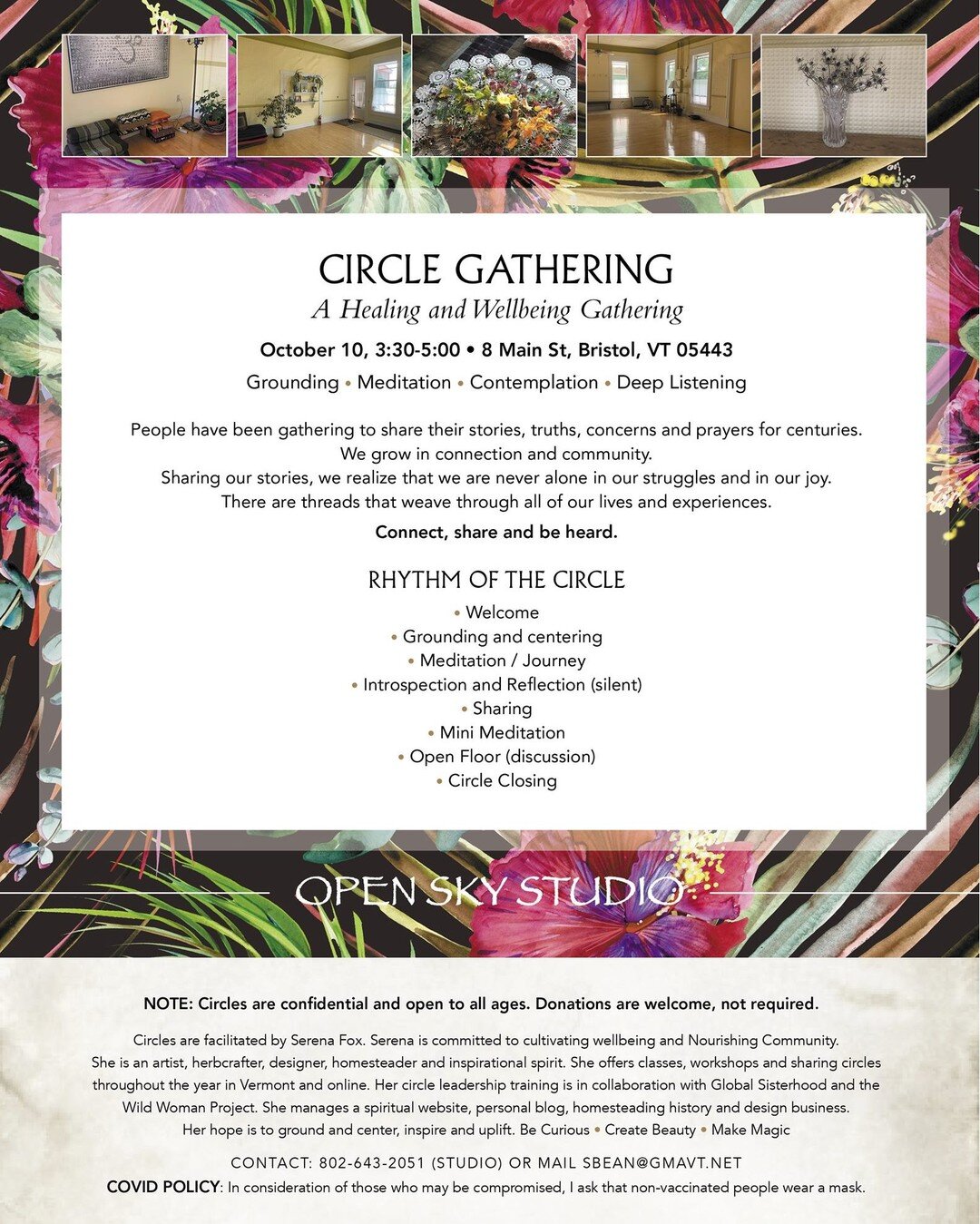 Circle Gathering &bull; Open Sky Studio, Bristol VT. Sunday October 10, 3:30-5pm. Theme: Restoring Balance. #restoringbalance #magicoma #beanofthefields #wellbeing #empowerment #womenshealth