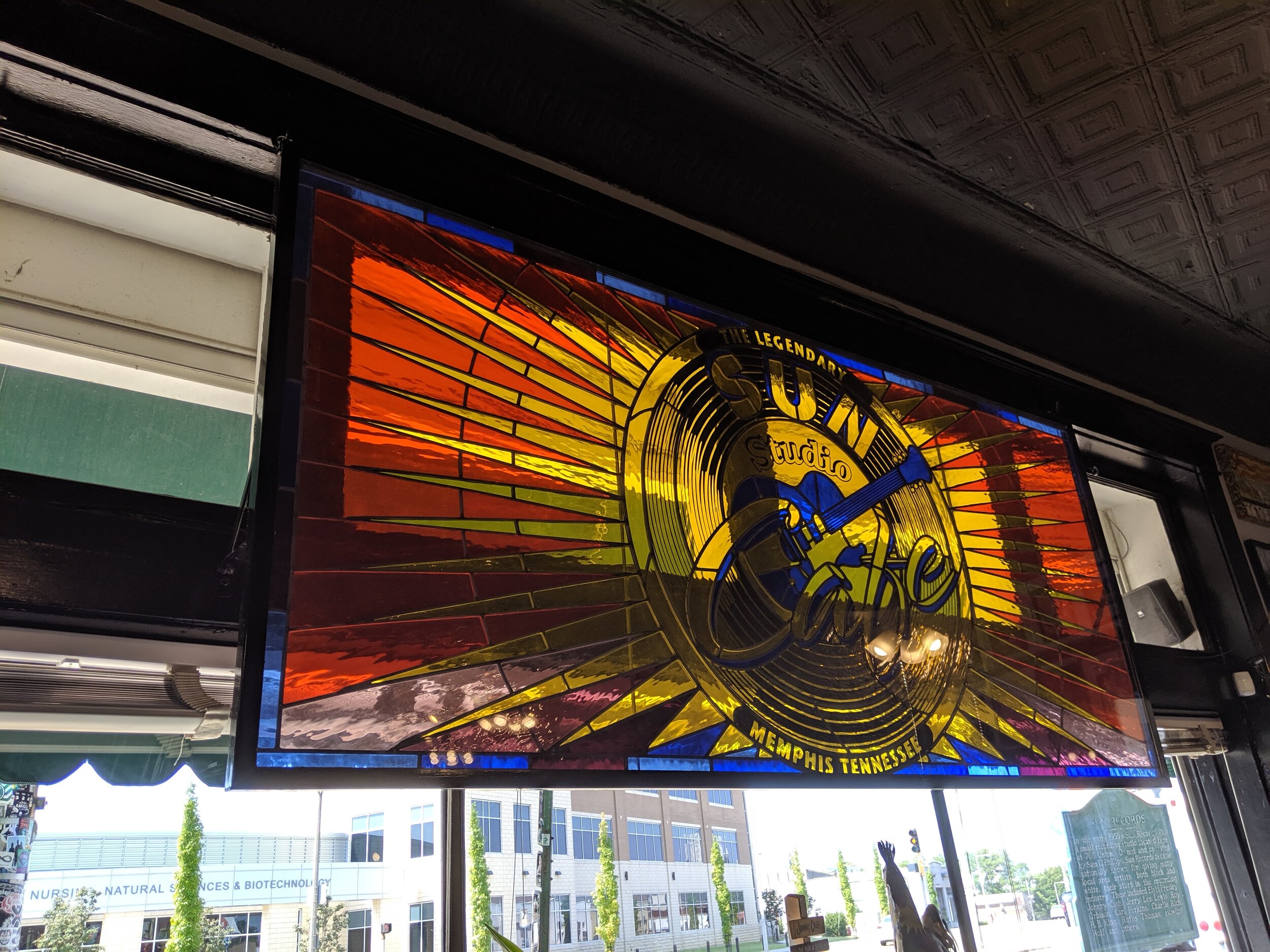  Stained glass window with the logo for Sun Studios in Memphis. 