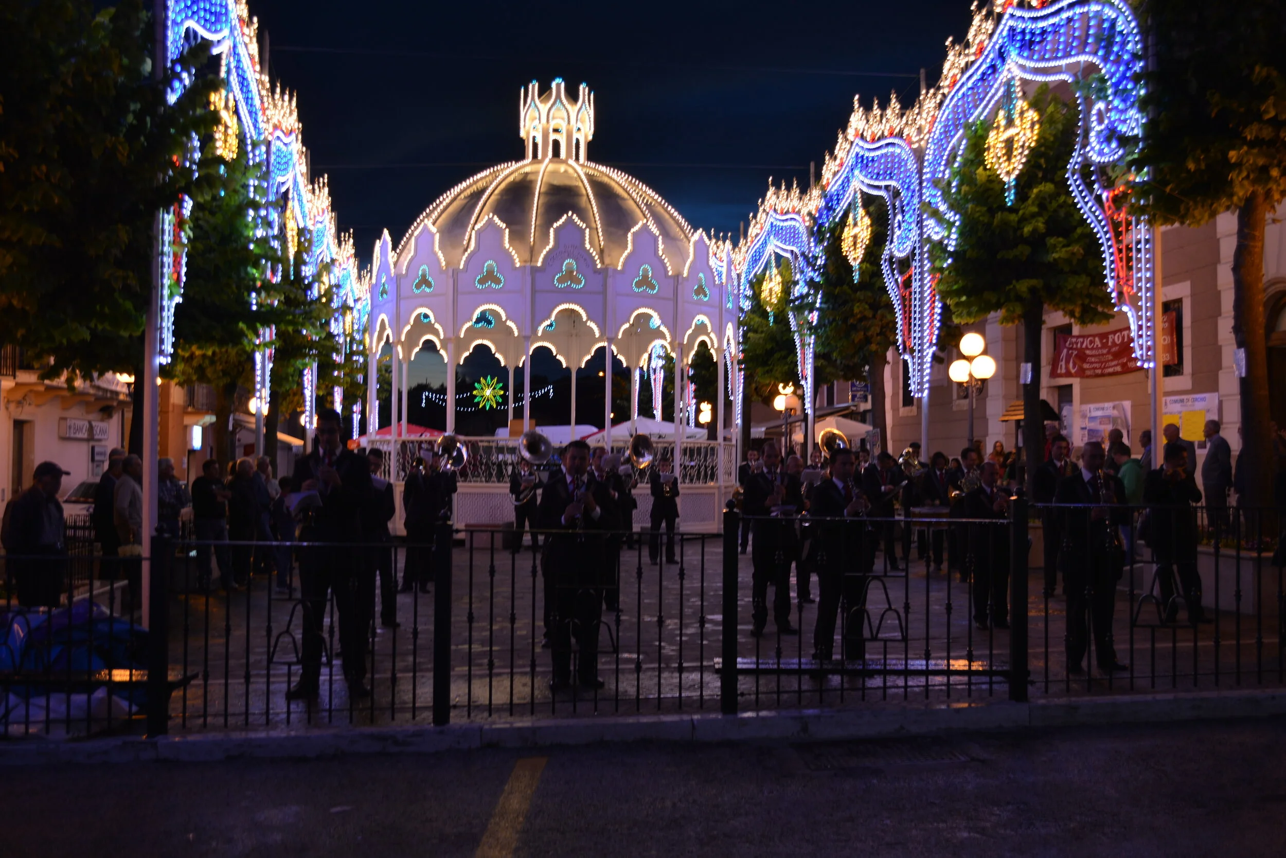 Festival lights in Cerchio in the piazza. The bandshell was built in an afternoon.