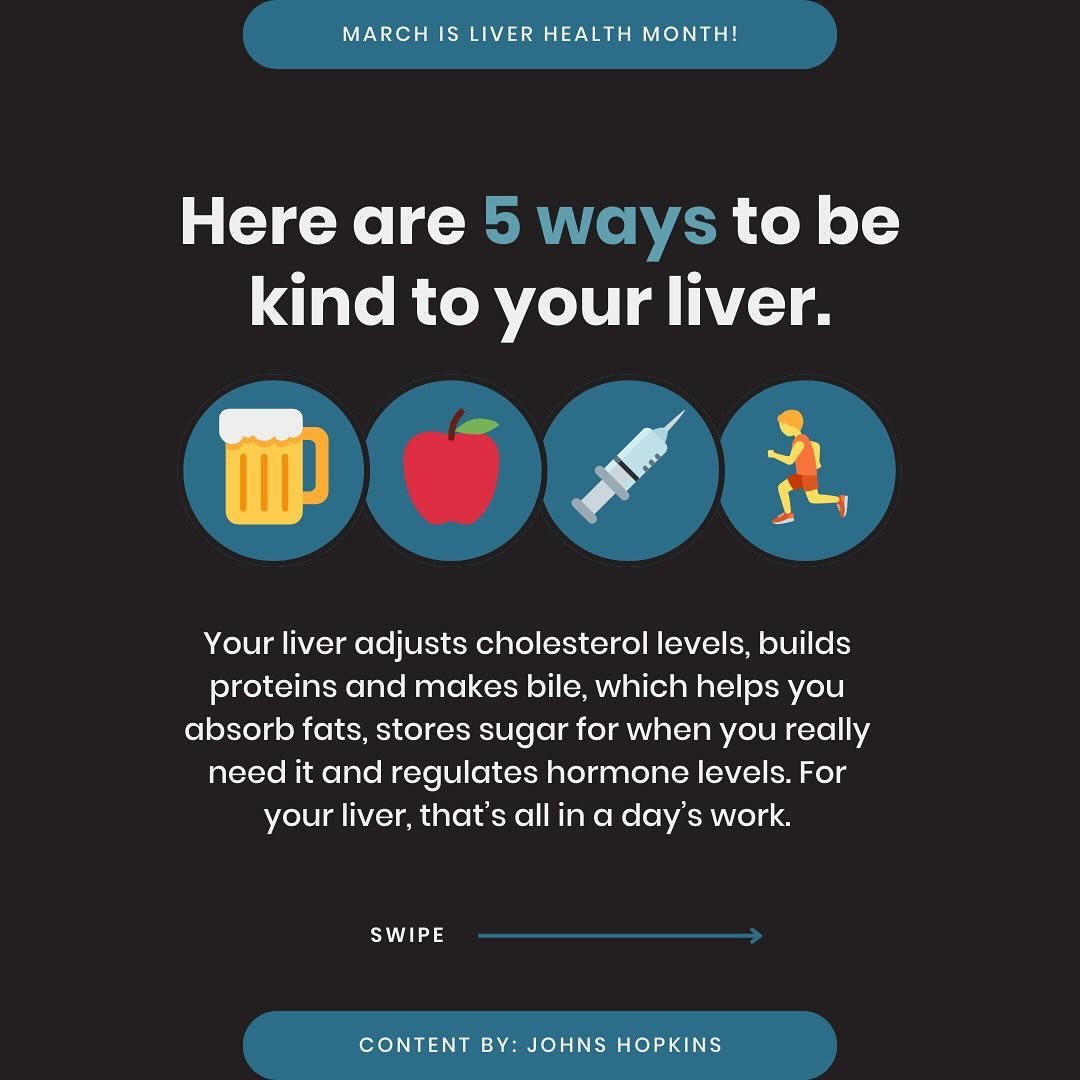 March is Liver Health Month! Here are 5 ways to be kind to your liver.

🍺Be careful about alcohol consumption
Alcoholic beverages can create many health problems. They can damage or destroy liver cells and scar your liver. Talk to your doctor about 