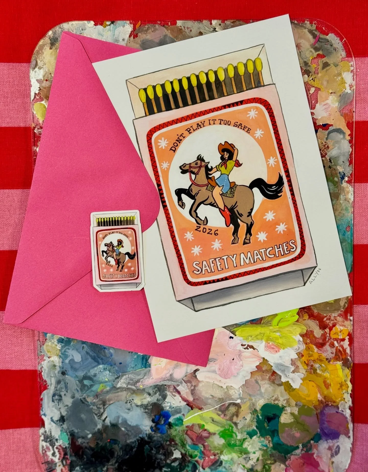 Sharing the first print &amp; sticker for the Good AM Mail Club!! 🤠

Since 2026 is the year of the &ldquo;fire horse&rdquo;, it only felt right to start our club with a classic matchbook print and cowgirl reminding you not to play it too safe this y