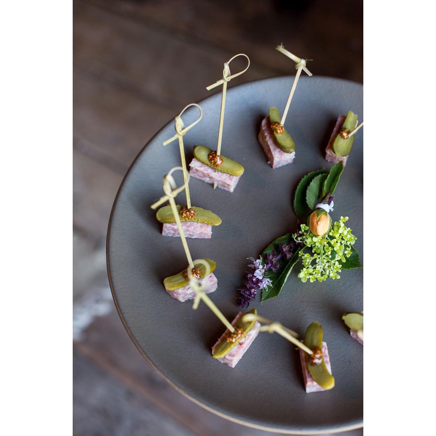 House made pork terrine skewer with cornichon and whole grain mustard