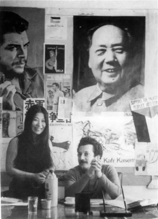 Fusako Shigenobu (L) and Ghassan Kanafani (R) at the office of al-Hadaf magazine in Lebanon, 1972.