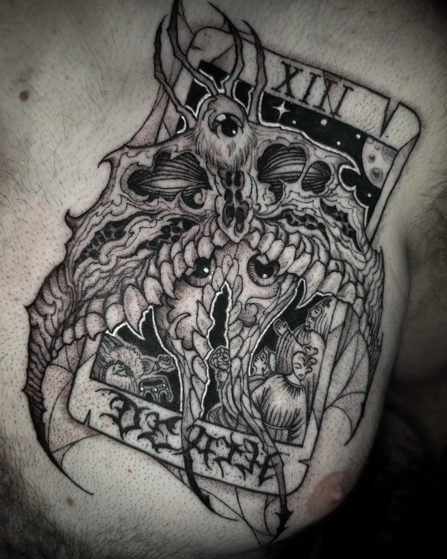 Dead serious about this black and grey death moth tattoo. 🖤 This piece is all about death vibes&mdash;featuring the death tarot card in its wings and a vibe that&rsquo;s to die for. Had so much fun bringing this one to life (or should I say death?).
