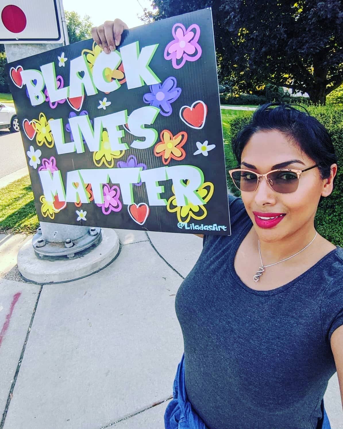 It's always an interesting time standing on unexpected corners around town with our BLM signs. Two or three cops rolled through several times today during rush hour at Midvale and Mineral Point. There were a few glares and sour faces, but lots of hon