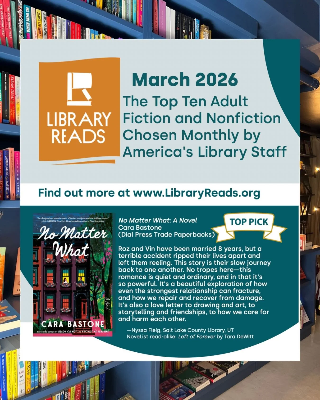 No Matter What got the @libraryreads Top Pick for March! This means it was popular voted by librarians and library staff across the country. To me, to my heart, this means that my book will be stocked by libraries and available to all. Books aren&rsq