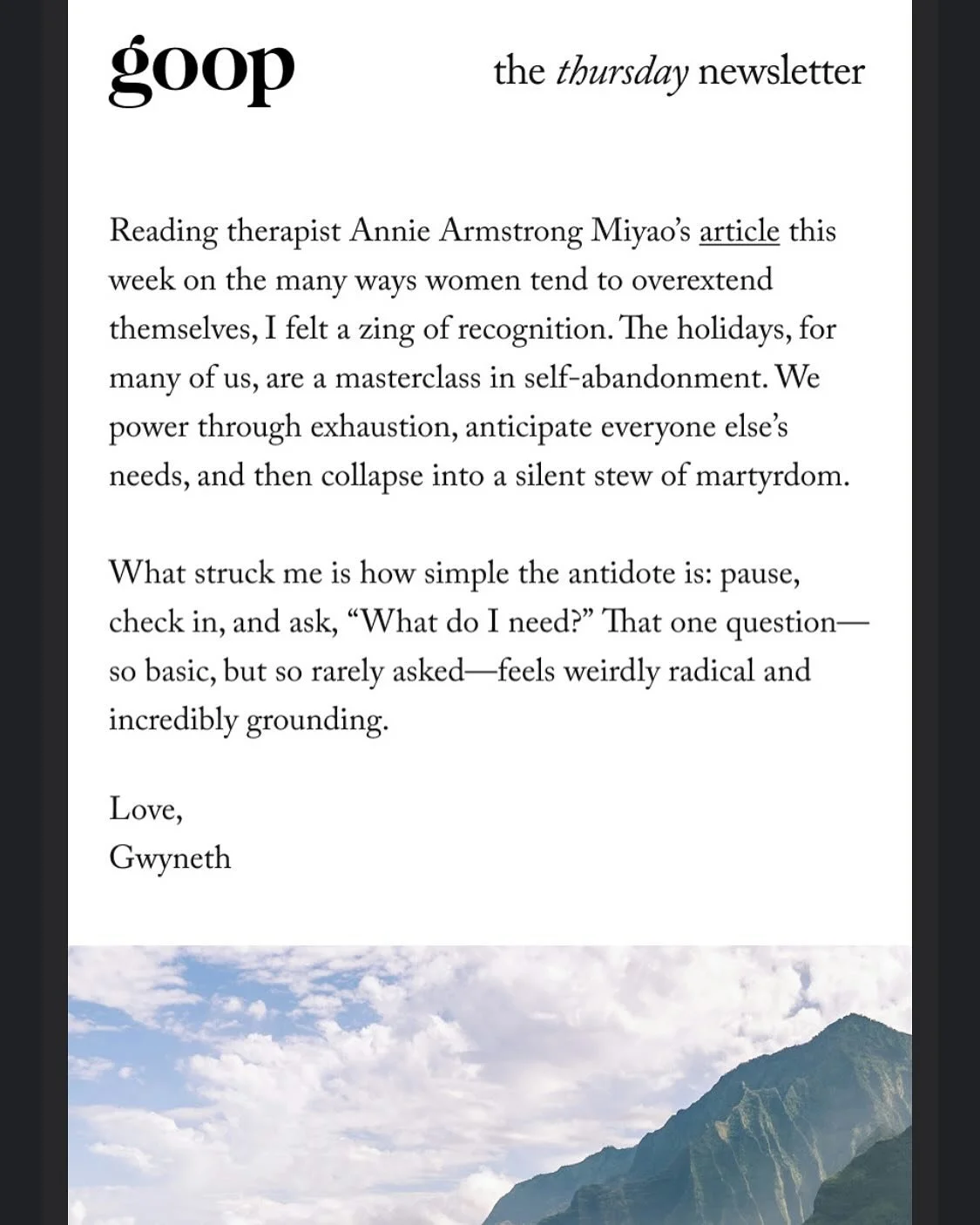 Thank you @goop (@kyliegilbert  @gwynethpaltrow ) for publishing this piece. I spend a lot of time thinking about this, talking about it with girlfriends, working to break the cycles I find myself in, and support so many women in my clinical practice