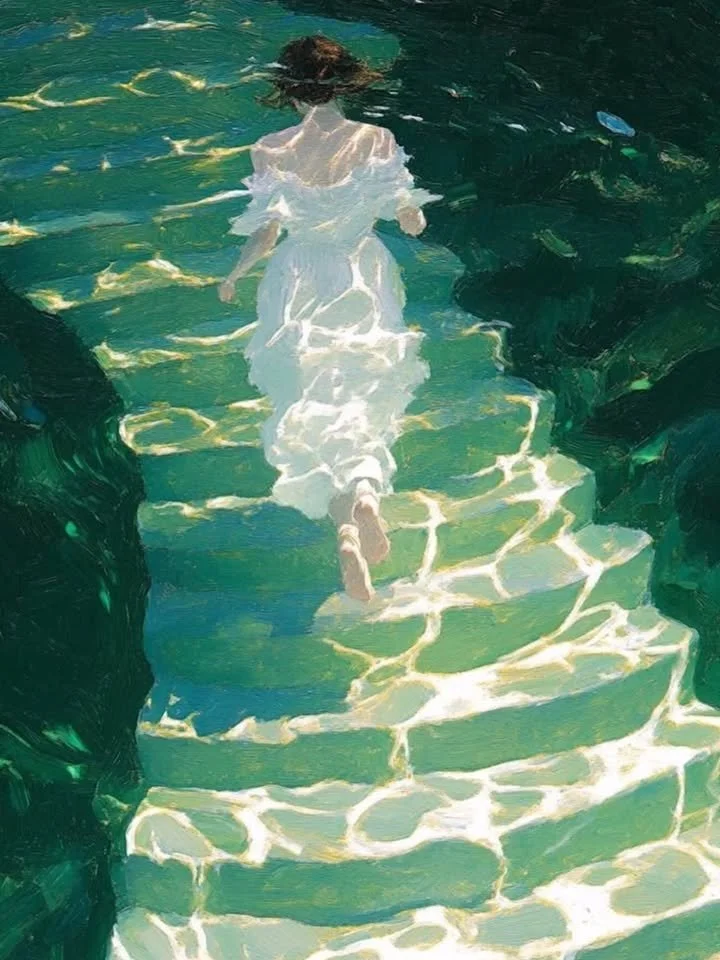 A woman in a white dress walking on submerged stone steps in clear water, with rocks on either side.