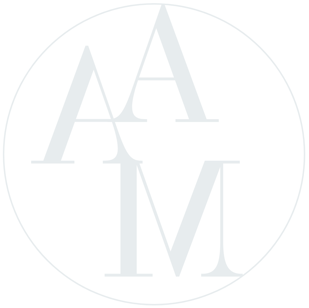 A circular logo with overlapping large white letters 'AA' and 'AM' on a black background.