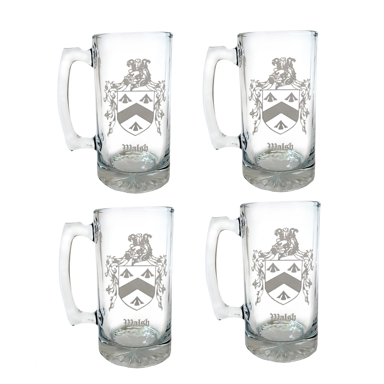 Custom Family Crest Glass Stein 26oz, Engraved Coat of Arms Large Beer Mug  — Lyoncraft Engraving