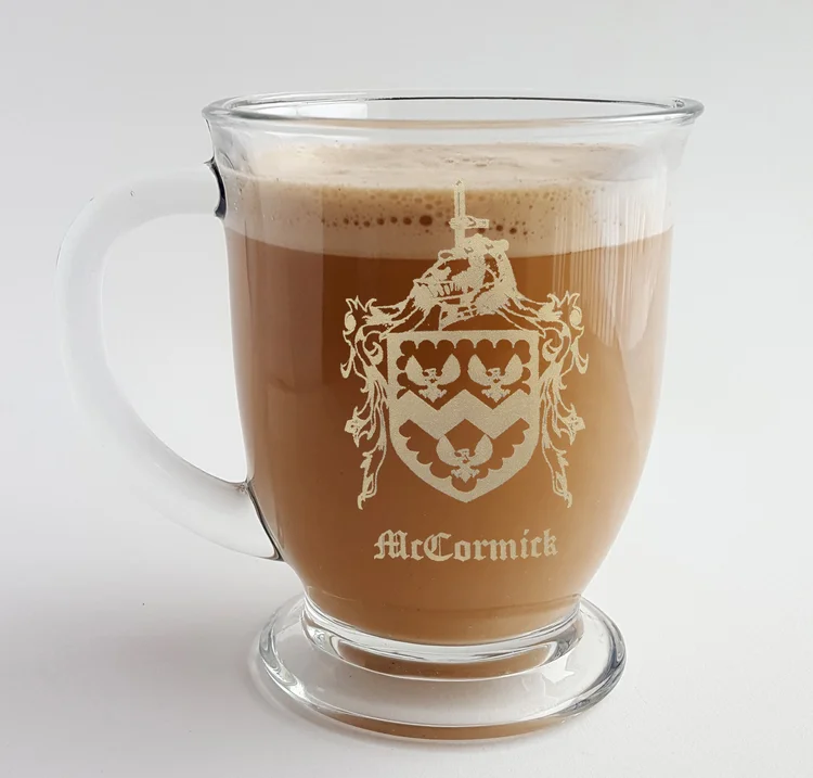 Irish Shamrock 16oz Glass Coffee Mug, Free Persoanlized Engraving   Lyoncraft Engraving
