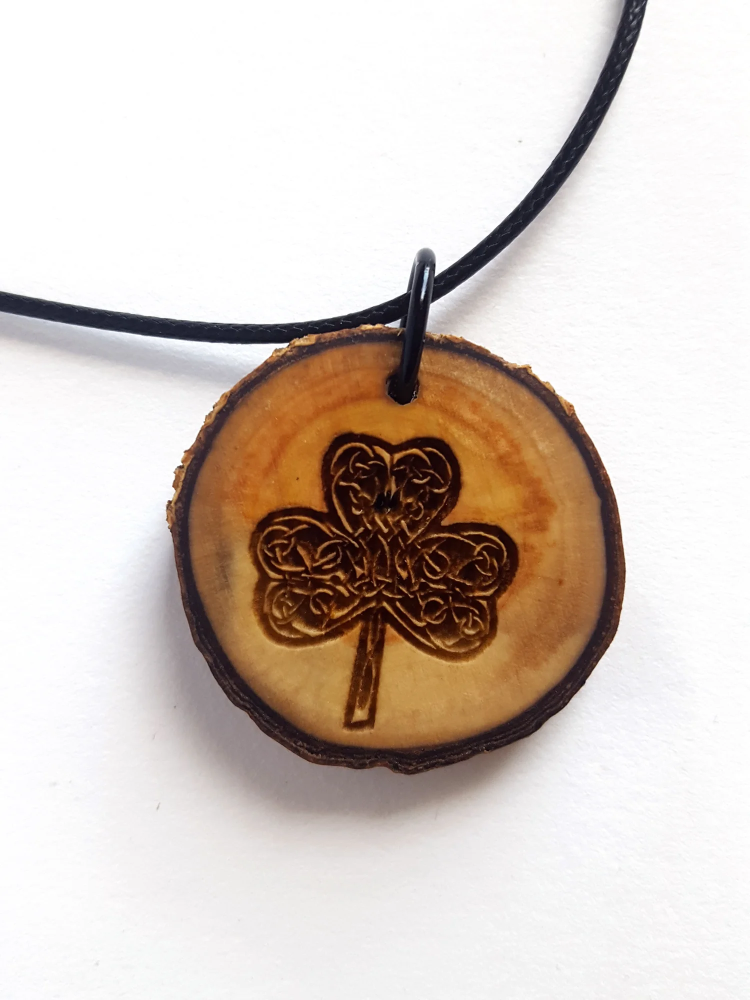 Irish Shamrock Wooden Pendant Necklace, Celtic Knotwork Clover