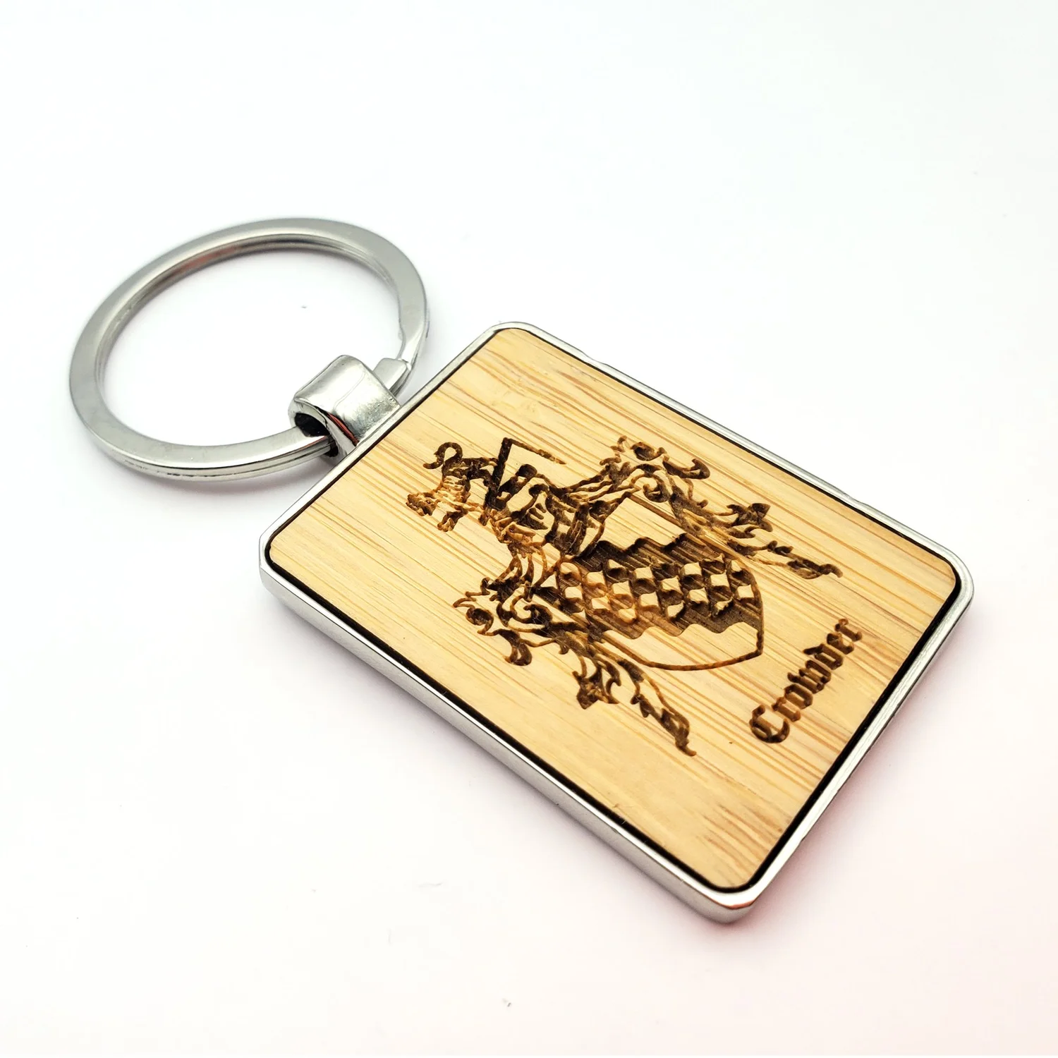 Custom Family Crest Keychain, Steel and Wood Personalized Family 