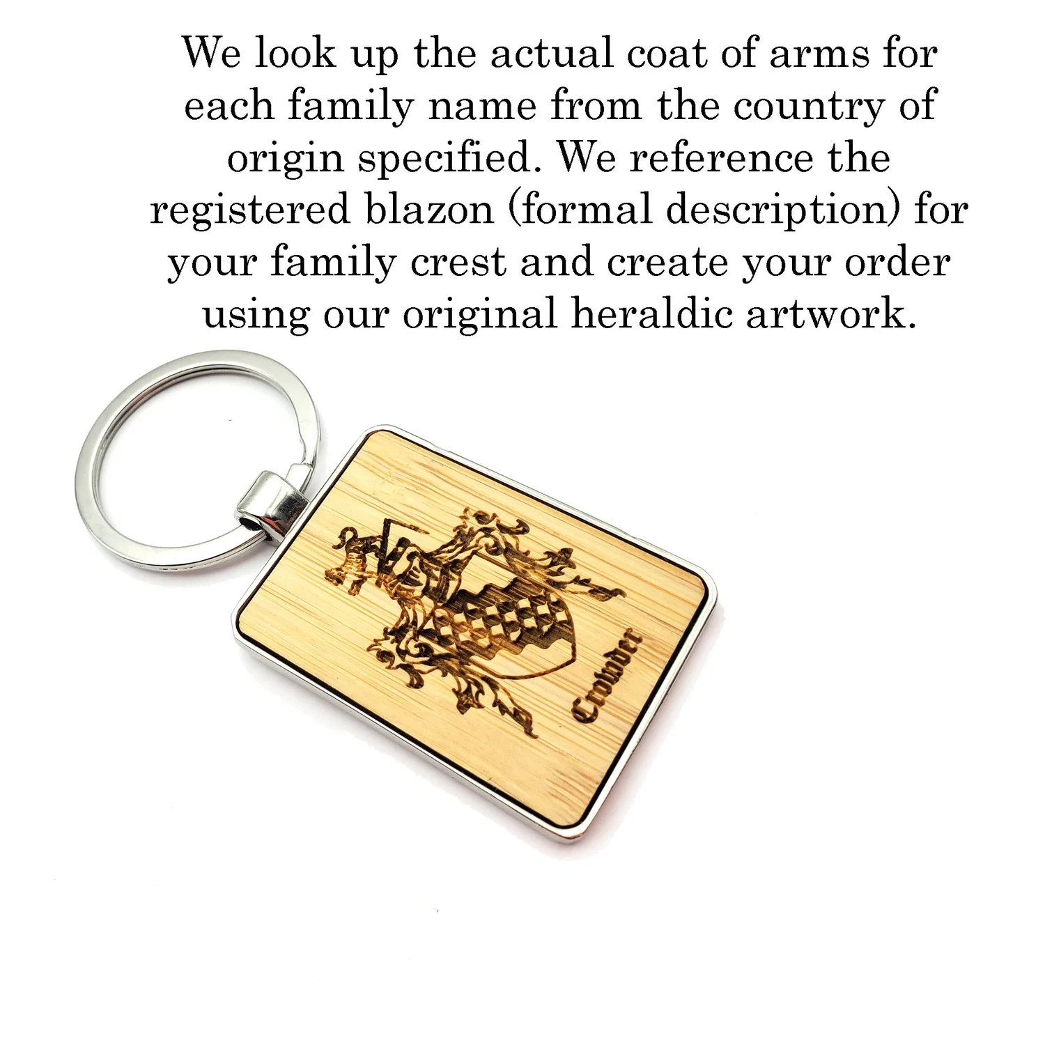 Custom Family Crest Keychain, Steel and Wood Personalized Family