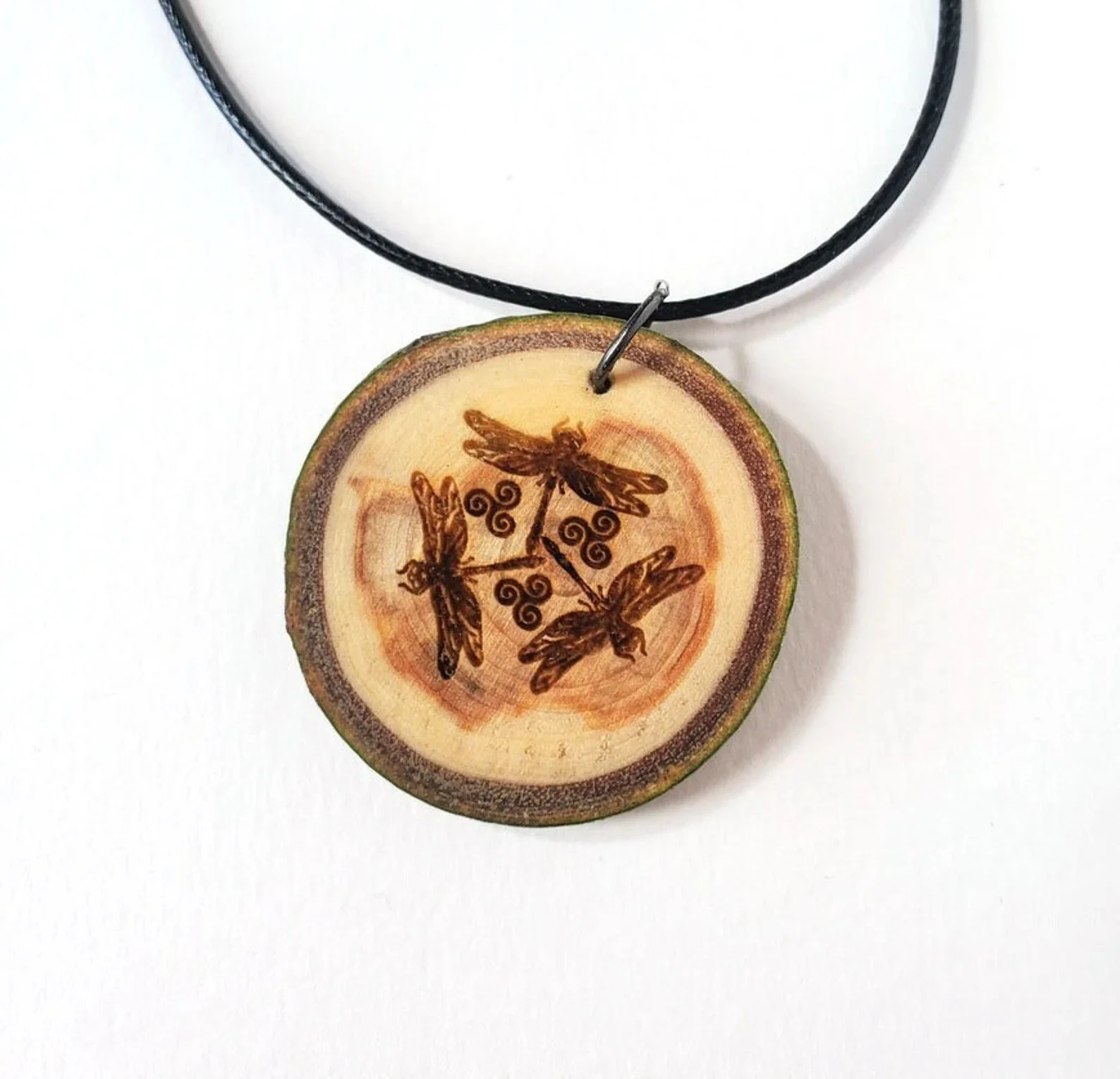 Celtic Dragonfly Wooden Pendant Necklace, Triskelion Dragonfly Design