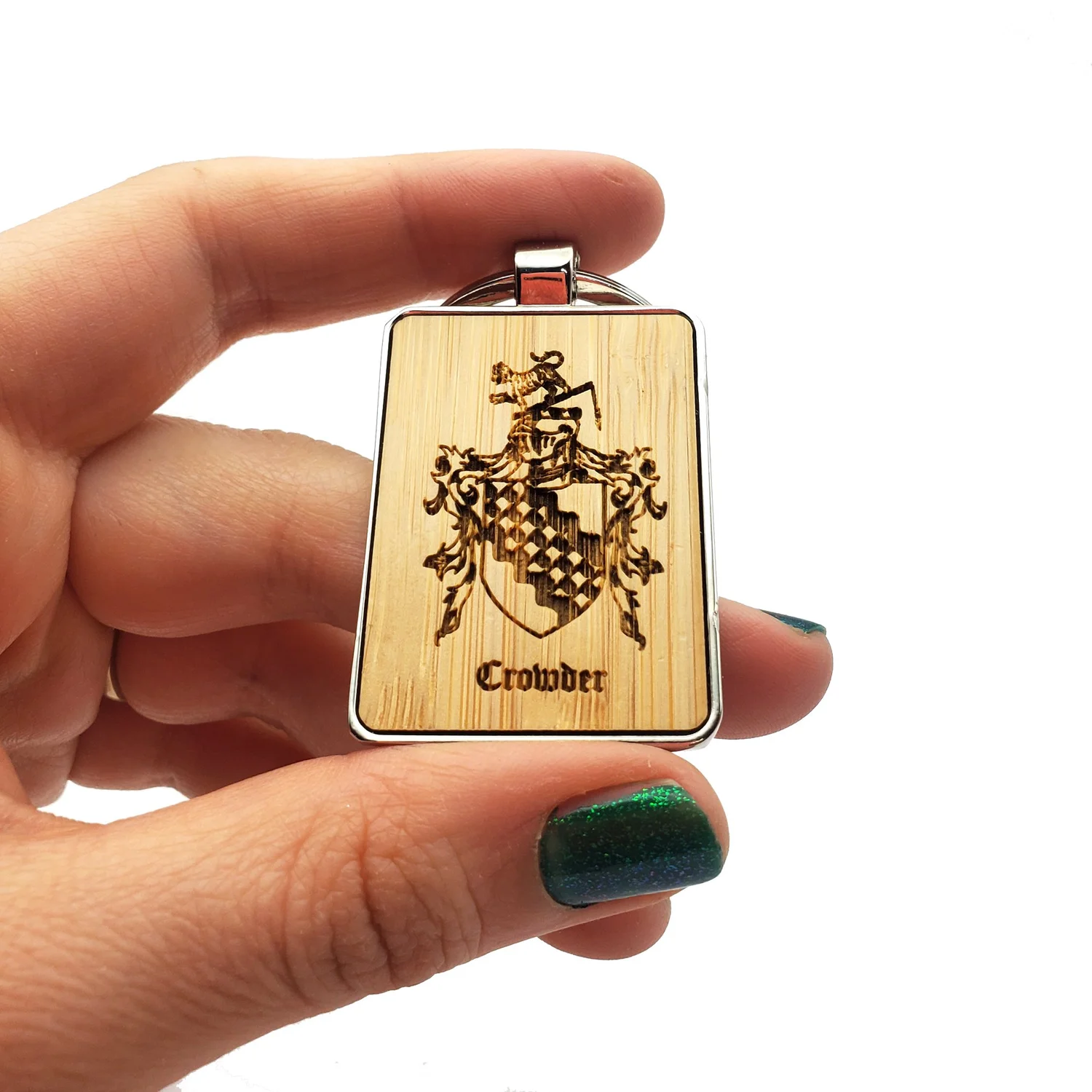 Custom Family Crest Keychain, Steel and Wood Personalized Family 