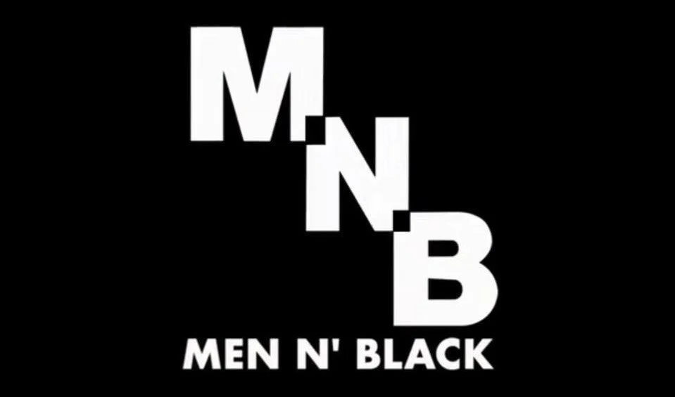 Black background with white text forming the acronym 'MNB' vertically, and 'MEN N BLACK' written below.