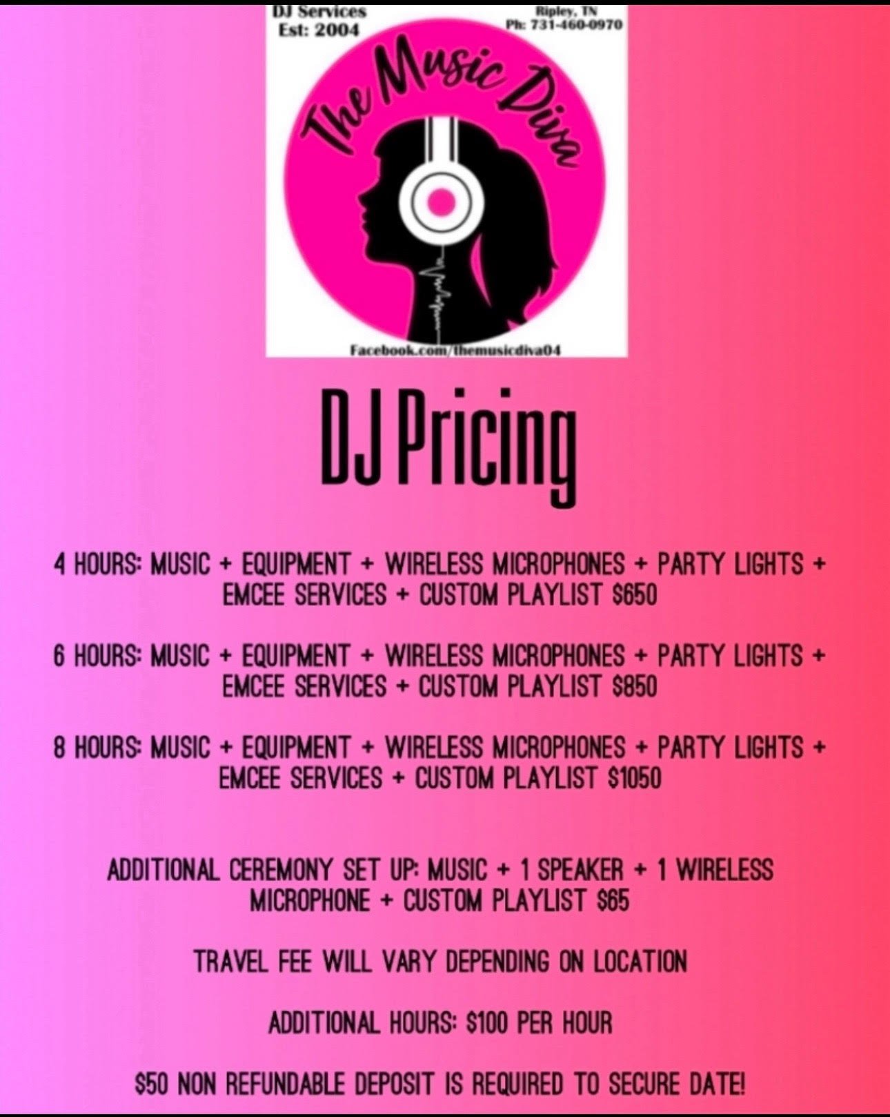 Flyer for The Music Diva offering DJ services in Features a pink background with a logo of a woman's silhouette with headphones. Lists various DJ packages with prices, additional ceremony setup details, travel fee, hourly rates, and deposit requirement.