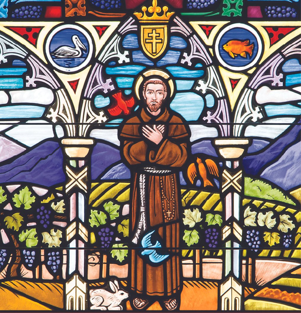 Stained glass depicting a religious figure, likely a saint, with a halo, standing outdoors among vines, grapes, a rabbit, a dove, and fish, with mountains and sky in the background.