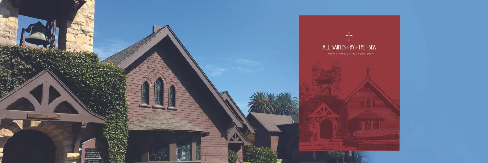 A church with a brown shingled roof, stone and wood walls, arched windows, and surrounded by greenery and palm trees, with a bright blue sky in the background.