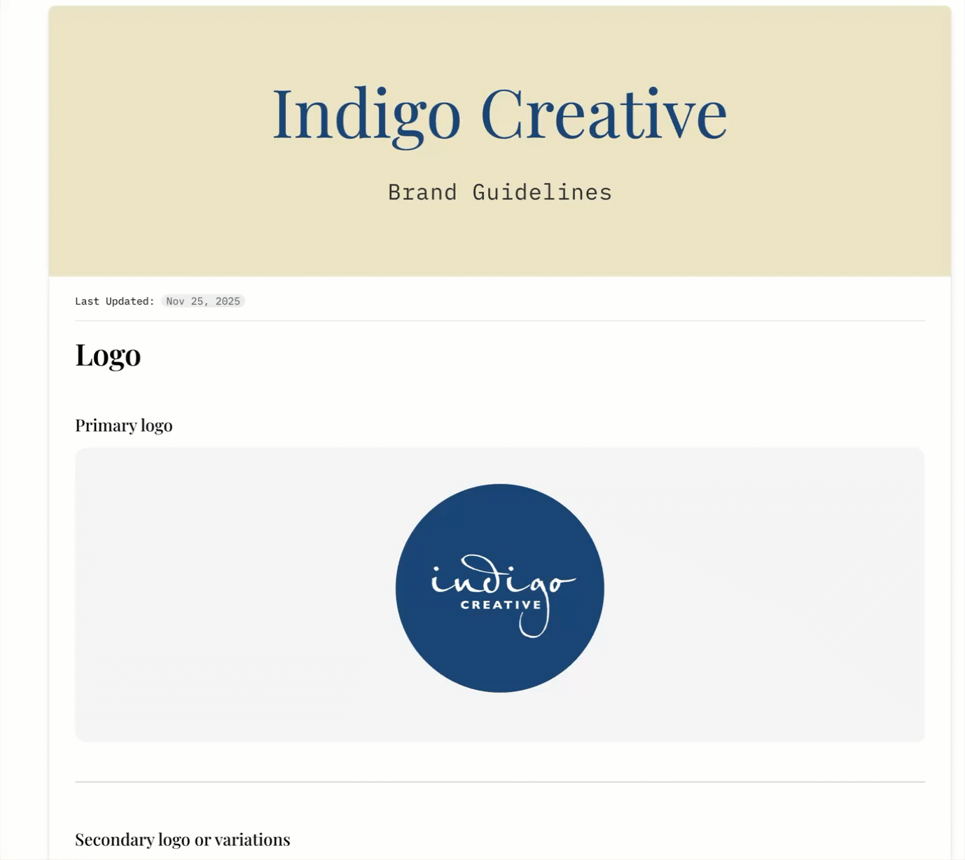 Brand guidelines document for Indigo Creative, featuring their primary logo with a blue circular background and white handwritten text.