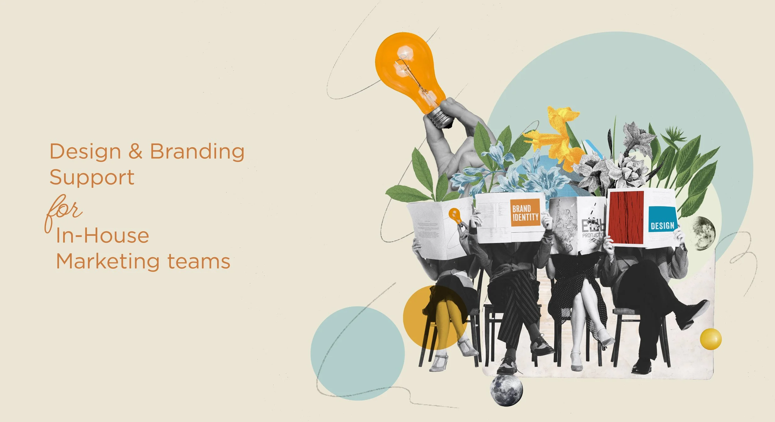 A graphic design featuring a group of people sitting on chairs with large cutouts of books over their faces. The books have words like 'Brand Identity' and 'Design'. The top of the books is decorated with colorful flowers and a hand holding an orange light bulb, symbolizing ideas. The background is light with colorful circles and a drawing of the moon.