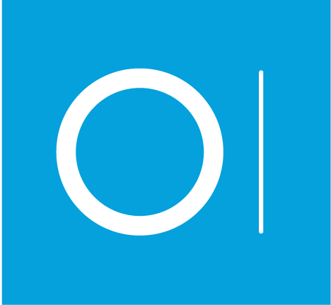 Blue background with a large white letter 'O' and a vertical white line to its right.