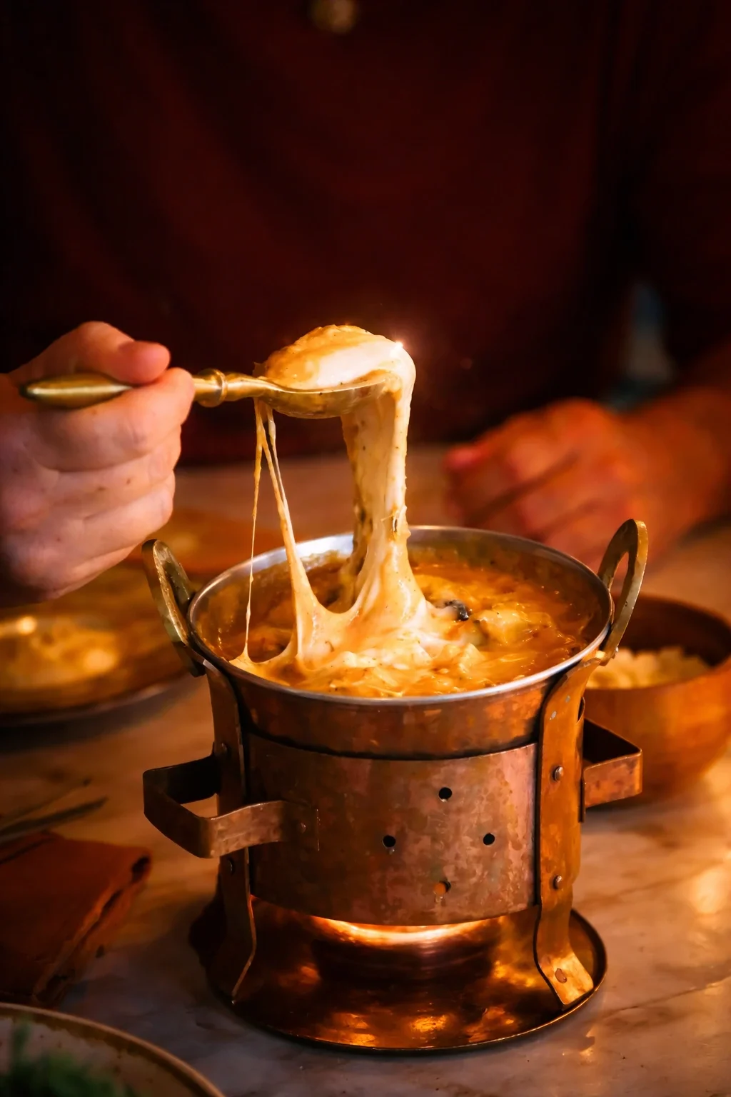 Creamy Burrata Butter Chicken topped with fresh burrata cheese, served hot in a traditional copper bowl.