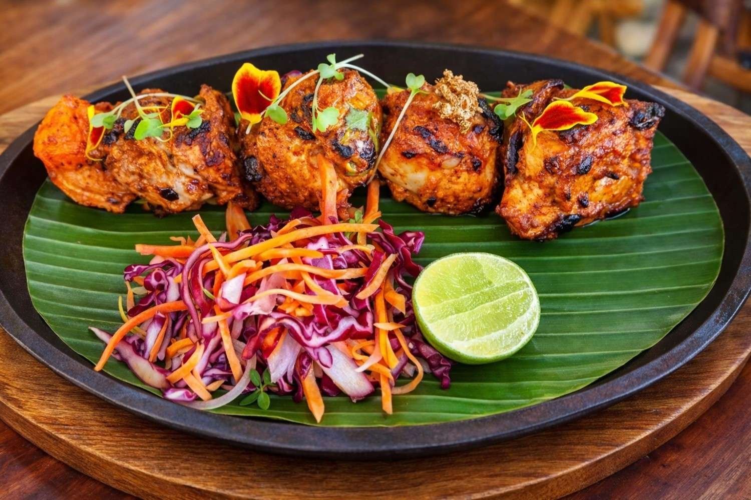 Grilled Fish Tikka Achari served on a banana leaf with fresh cabbage salad, carrots, and a lime wedge.