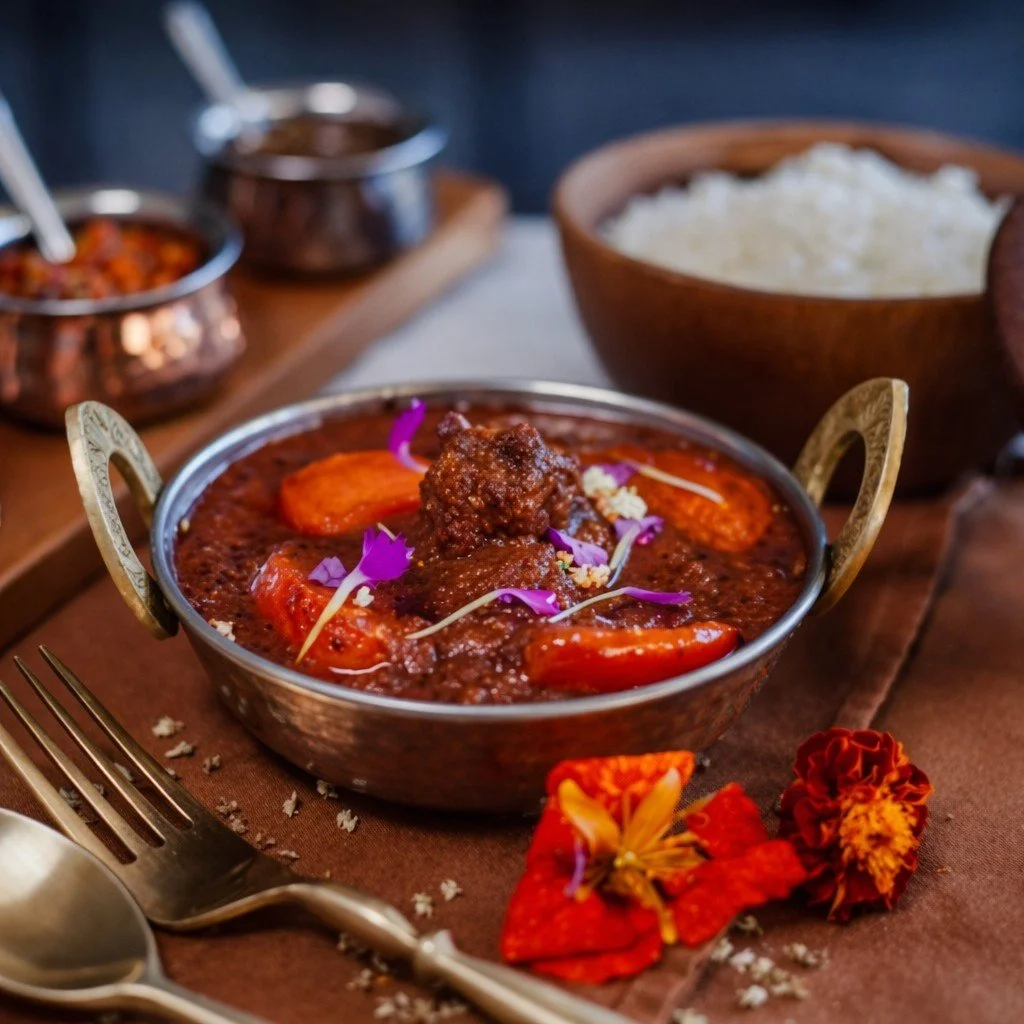 Lamb Rogan Josh served in a copper bowl with rice and chutneys at Pesona Lounge Ubud.